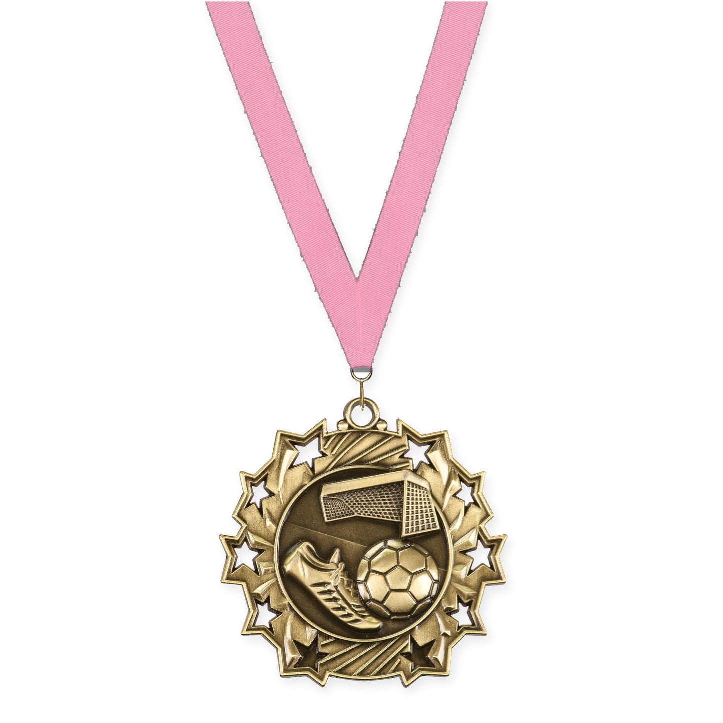 2 1/4 inch soccer Ten Star medal in antique gold with Pink neck ribbon