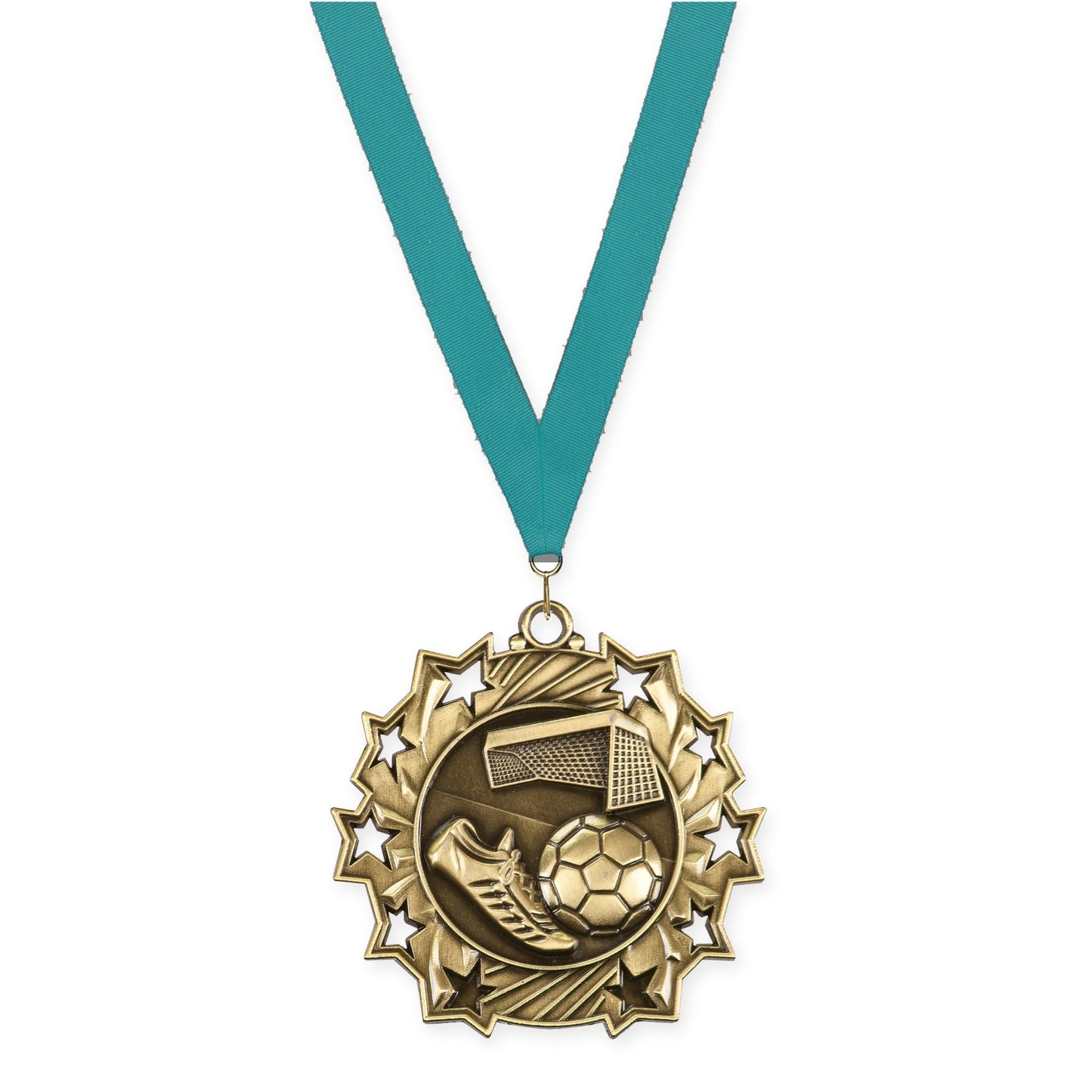 2 1/4 inch soccer Ten Star medal in antique gold with Teal neck ribbon