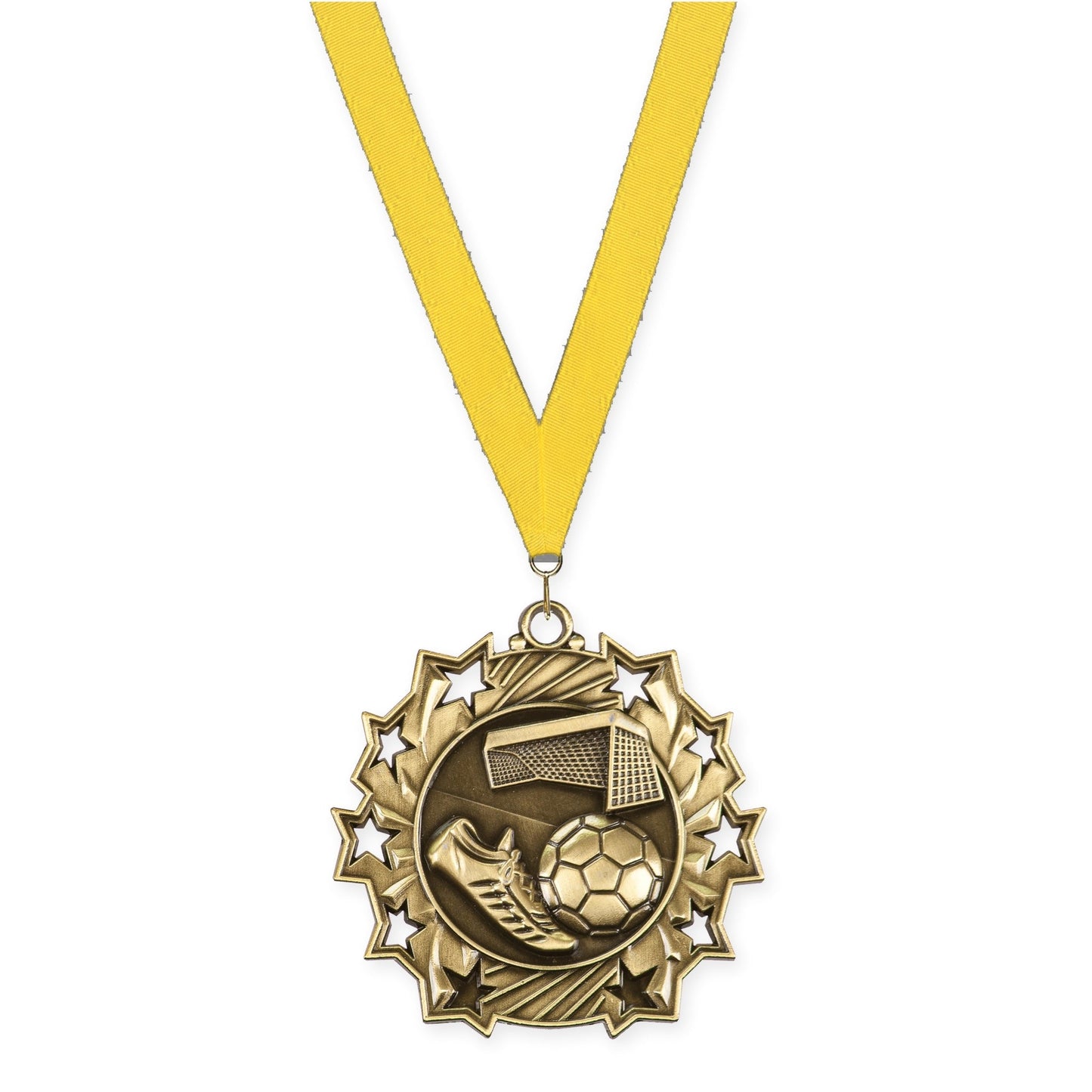 2 1/4 inch soccer Ten Star medal in antique gold with Yellow neck ribbon