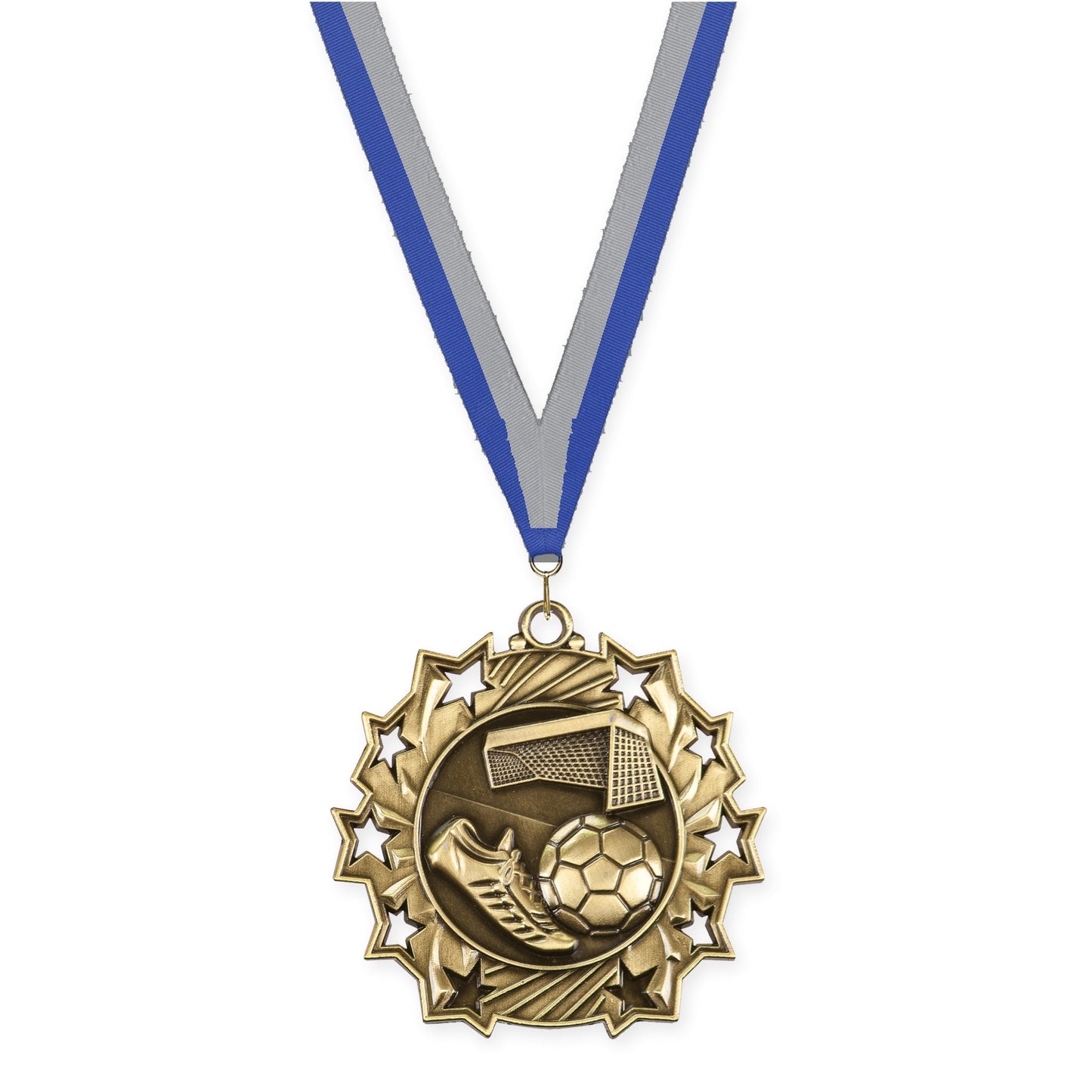 2 1/4 inch soccer Ten Star medal in antique gold with Blue Gray neck ribbon