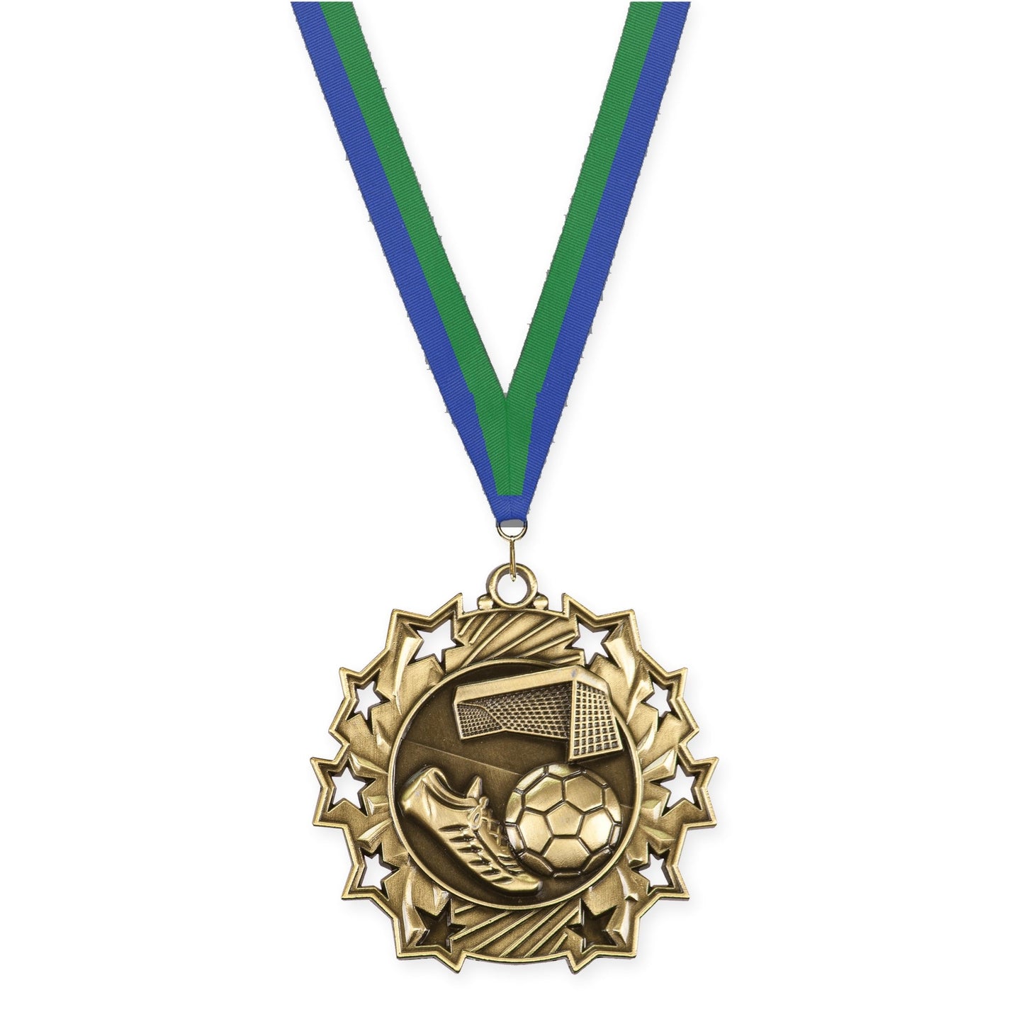 2 1/4 inch soccer Ten Star medal in antique gold with Blue Green neck ribbon