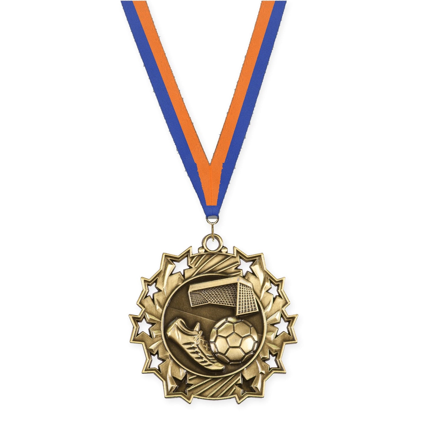 2 1/4 inch soccer Ten Star medal in antique gold with Blue Orange neck ribbon