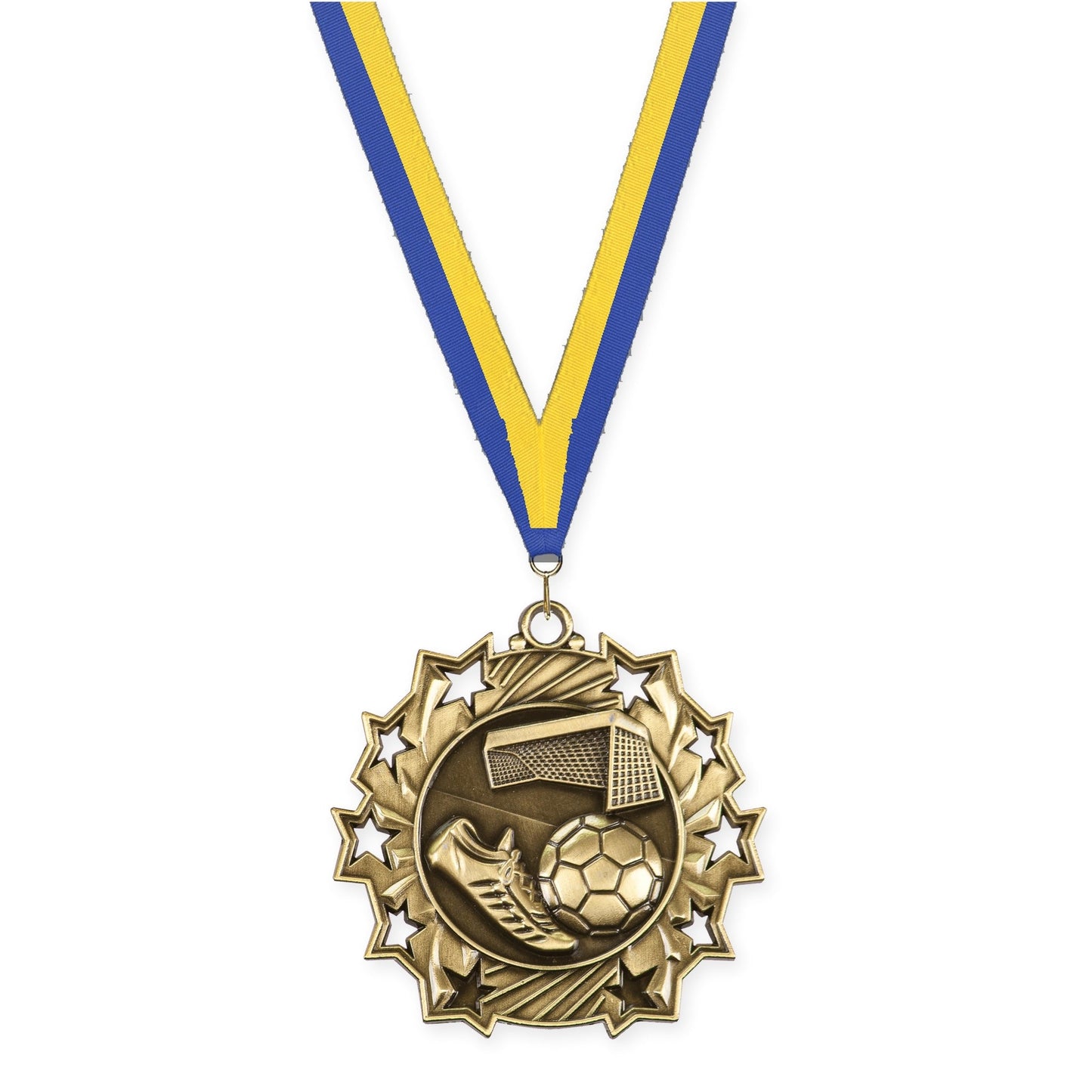 2 1/4 inch soccer Ten Star medal in antique gold with Blue Yellow neck ribbon