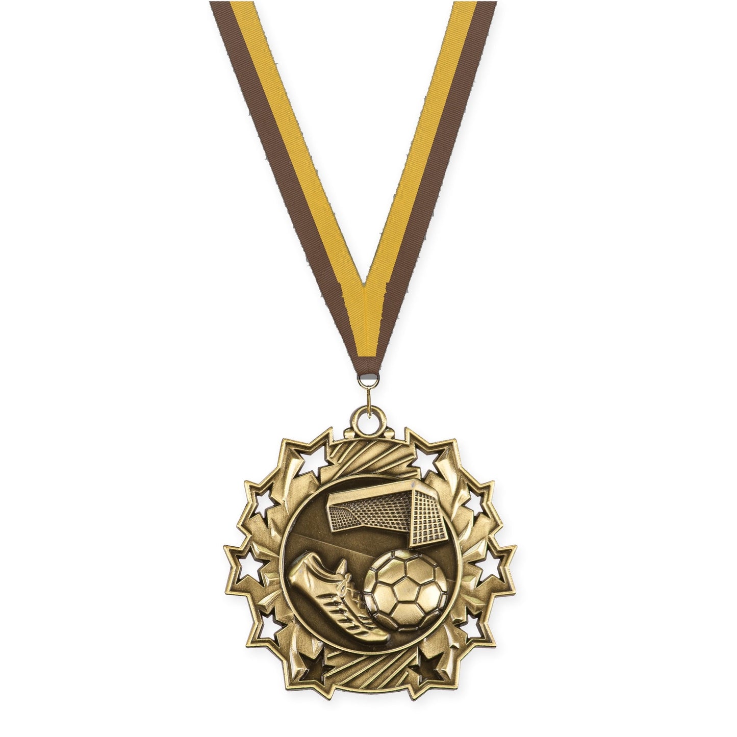2 1/4 inch soccer Ten Star medal in antique gold with Brown Gold neck ribbon