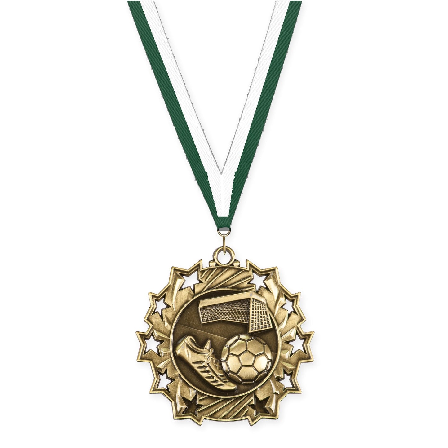2 1/4 inch soccer Ten Star medal in antique gold with Hunter Green White neck ribbon