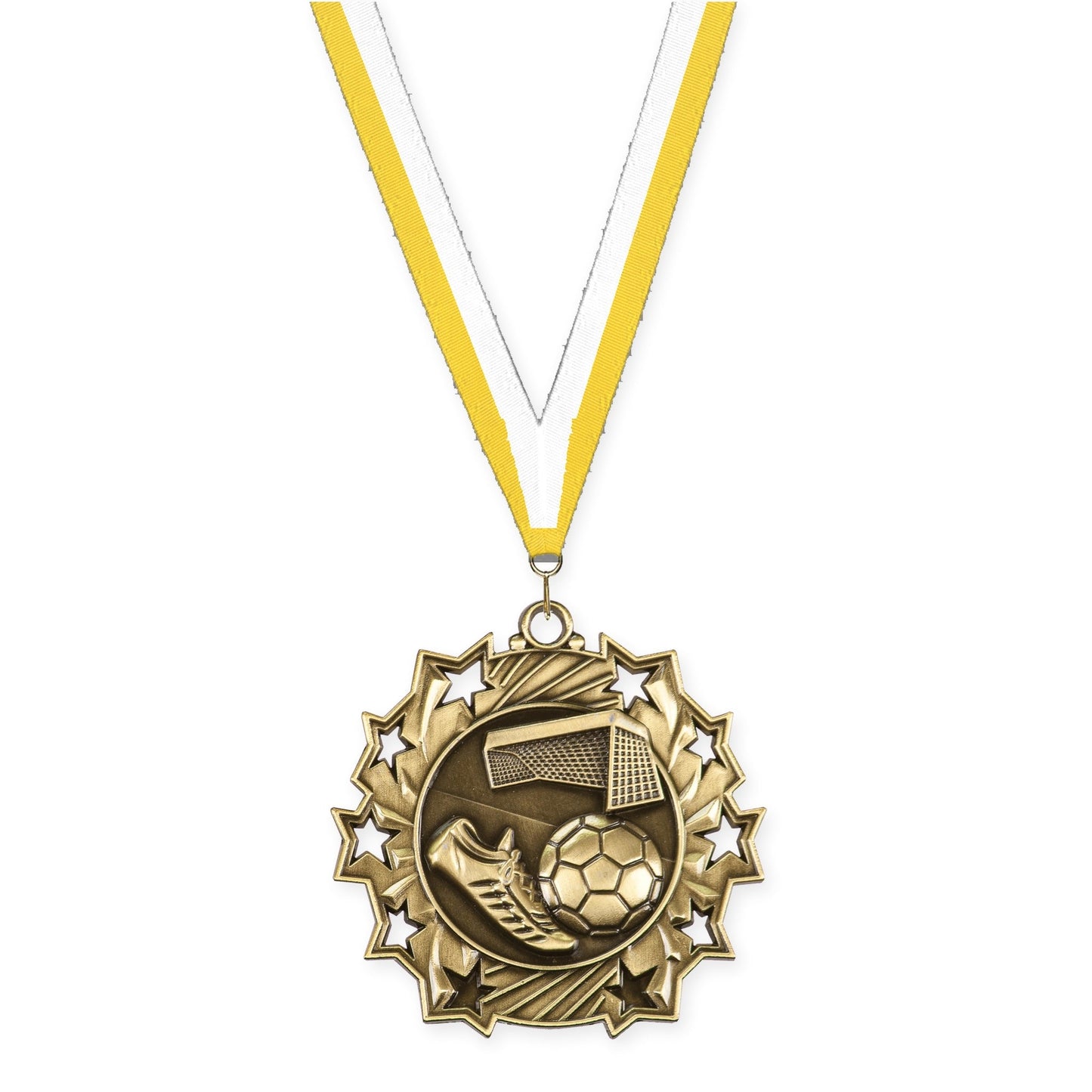 2 1/4 inch soccer Ten Star medal in antique gold with Yellow White neck ribbon