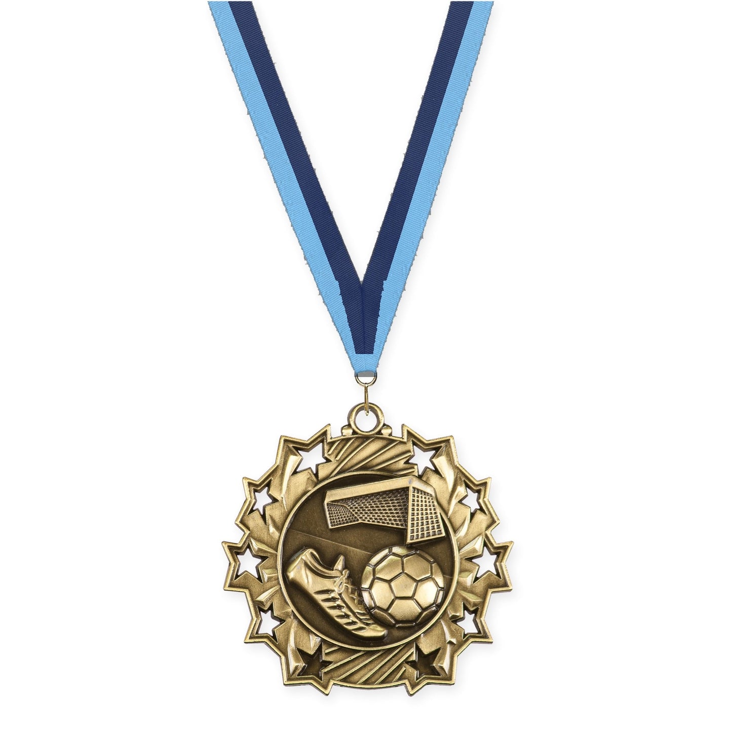 2 1/4 inch soccer Ten Star medal in antique gold with Light Blue Navy neck ribbon