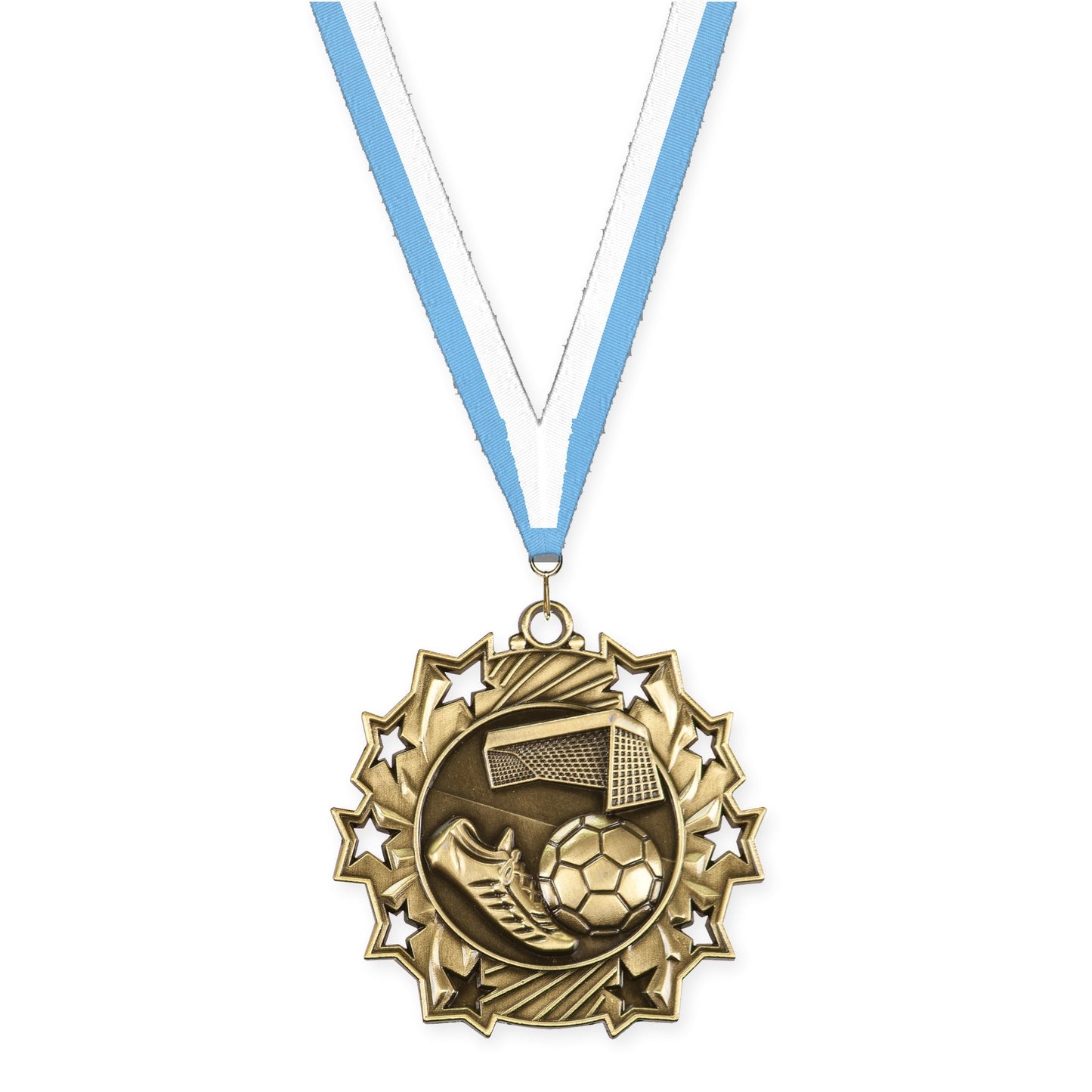 2 1/4 inch soccer Ten Star medal in antique gold with Light Blue White neck ribbon