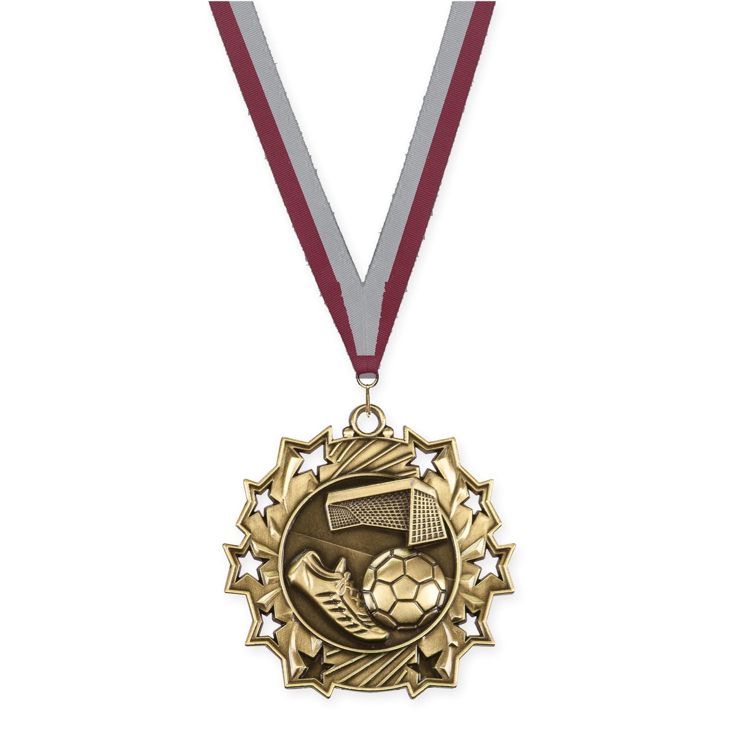 2 1/4 inch soccer Ten Star medal in antique gold with Maroon Gray neck ribbon