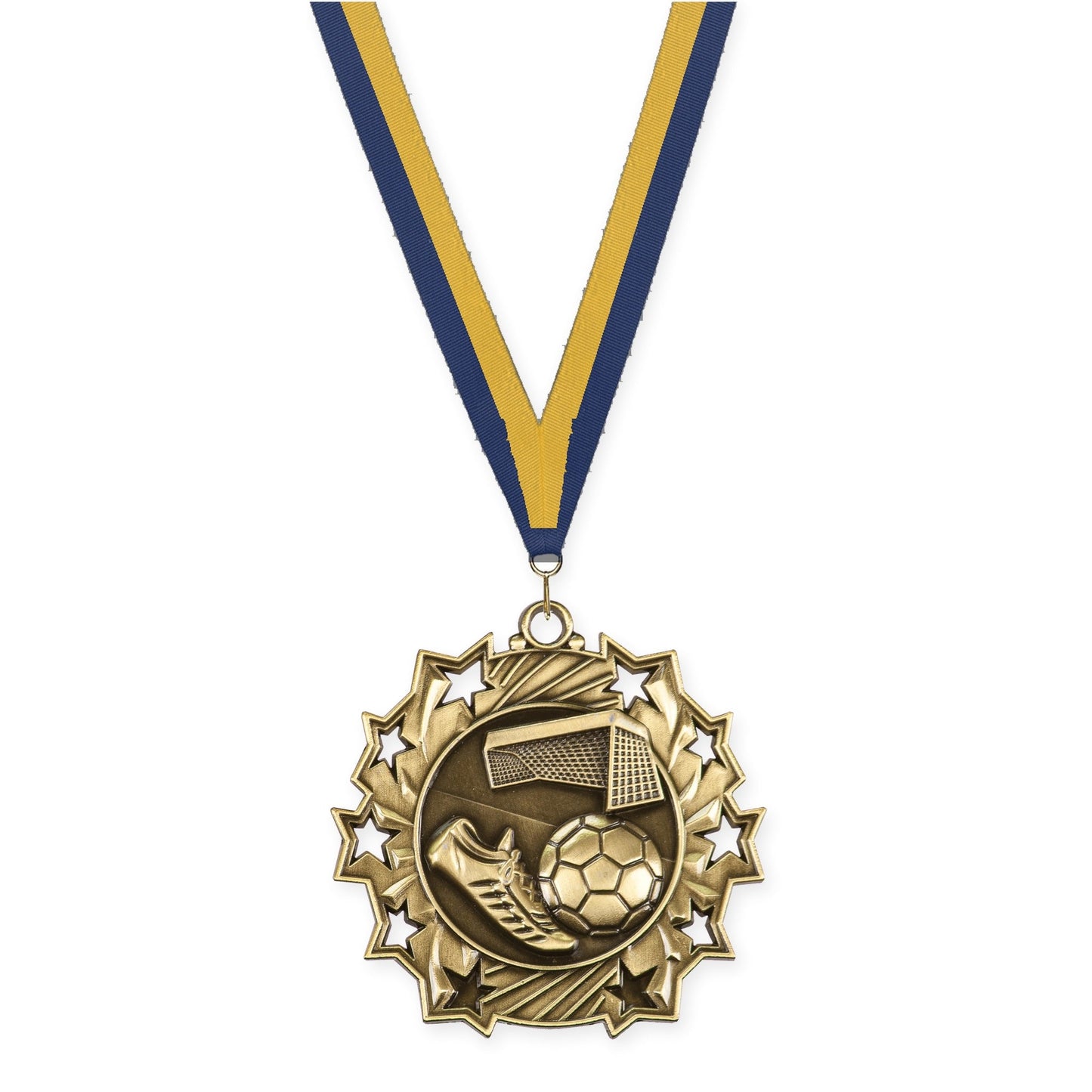 2 1/4 inch soccer Ten Star medal in antique gold with Navy Gold neck ribbon