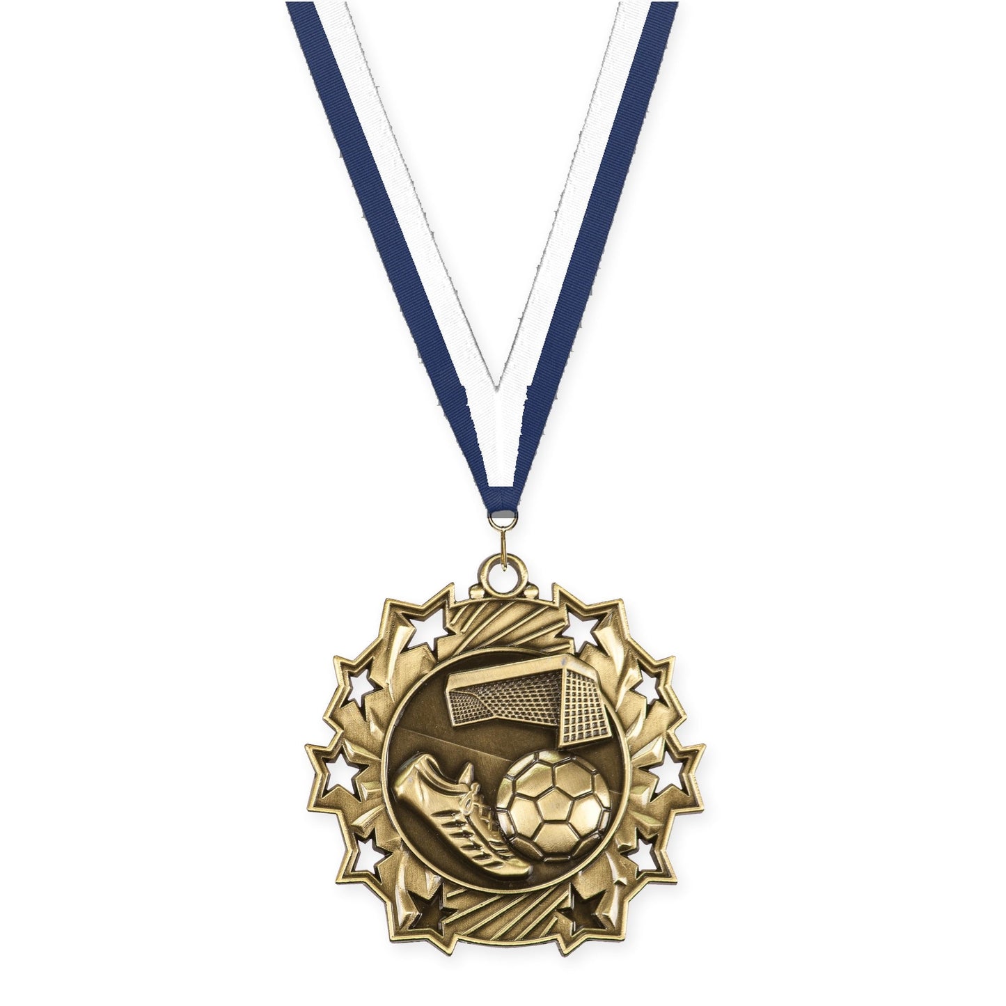 2 1/4 inch soccer Ten Star medal in antique gold with Navy White neck ribbon