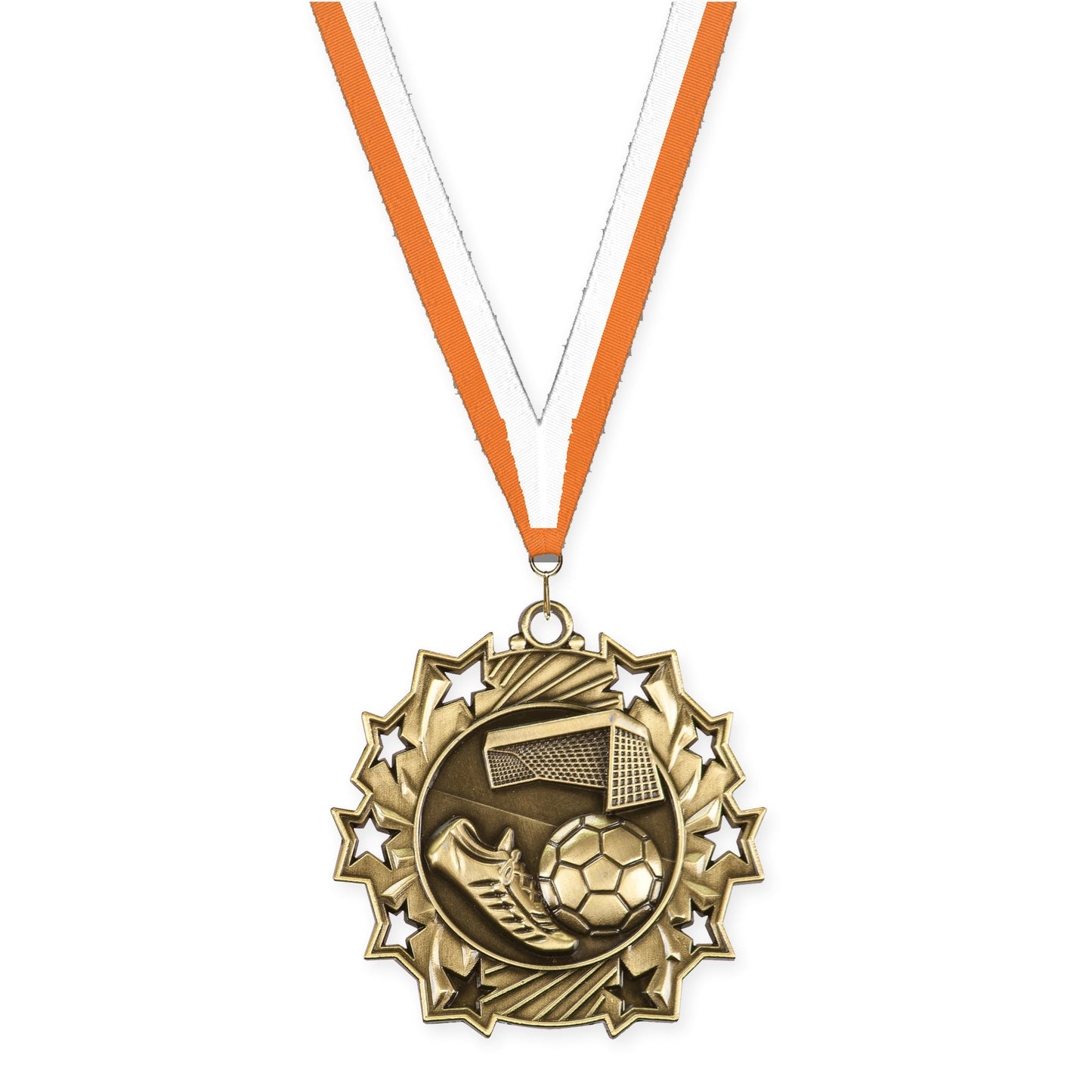 2 1/4 inch soccer Ten Star medal in antique gold with Orange White neck ribbon