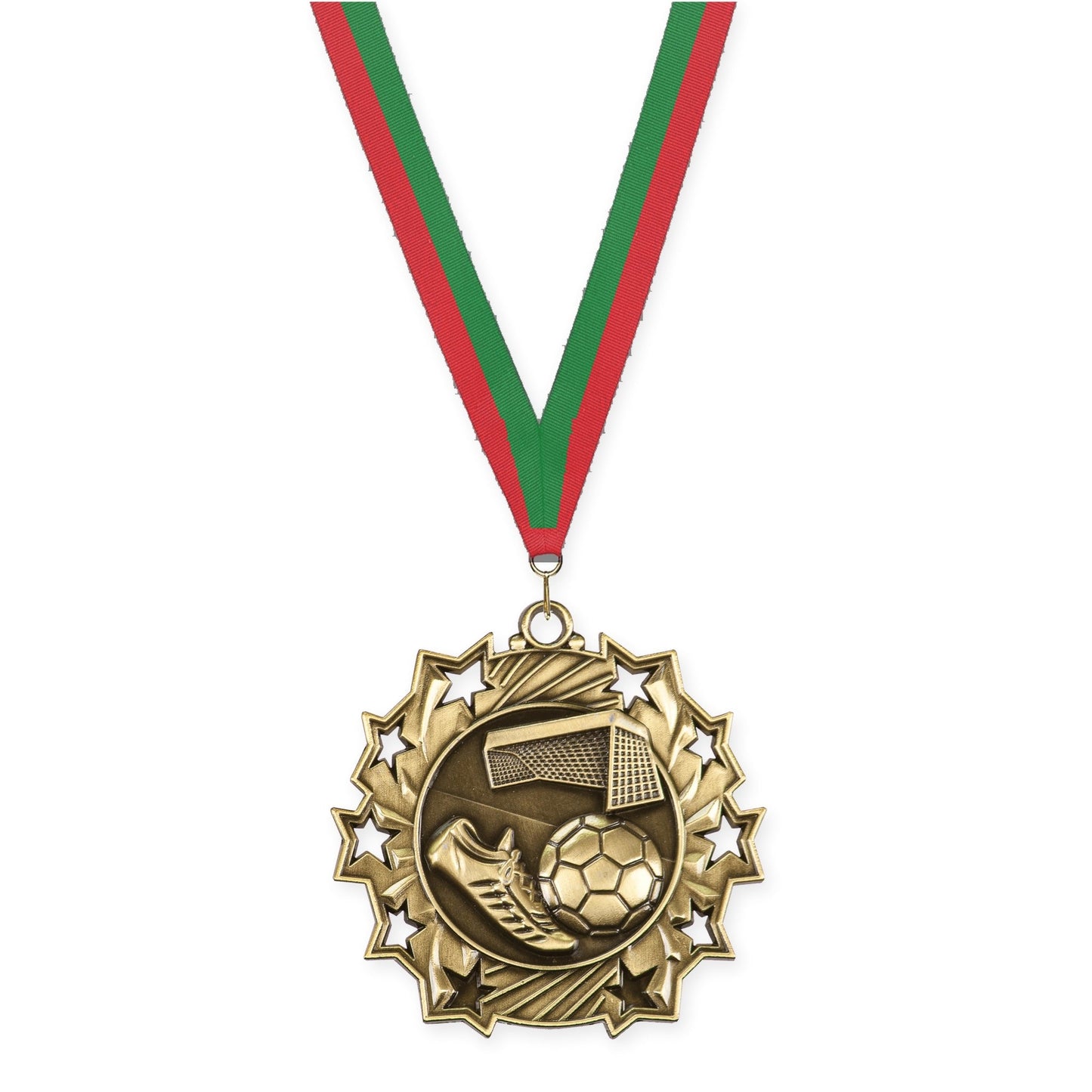 2 1/4 inch soccer Ten Star medal in antique gold with Red Green neck ribbon