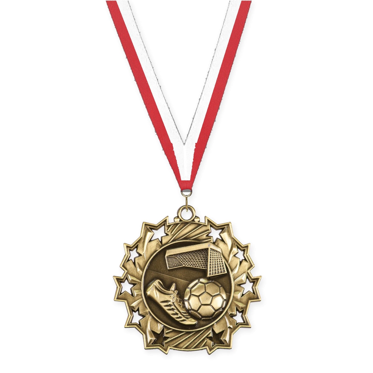 2 1/4 inch soccer Ten Star medal in antique gold with Red White neck ribbon