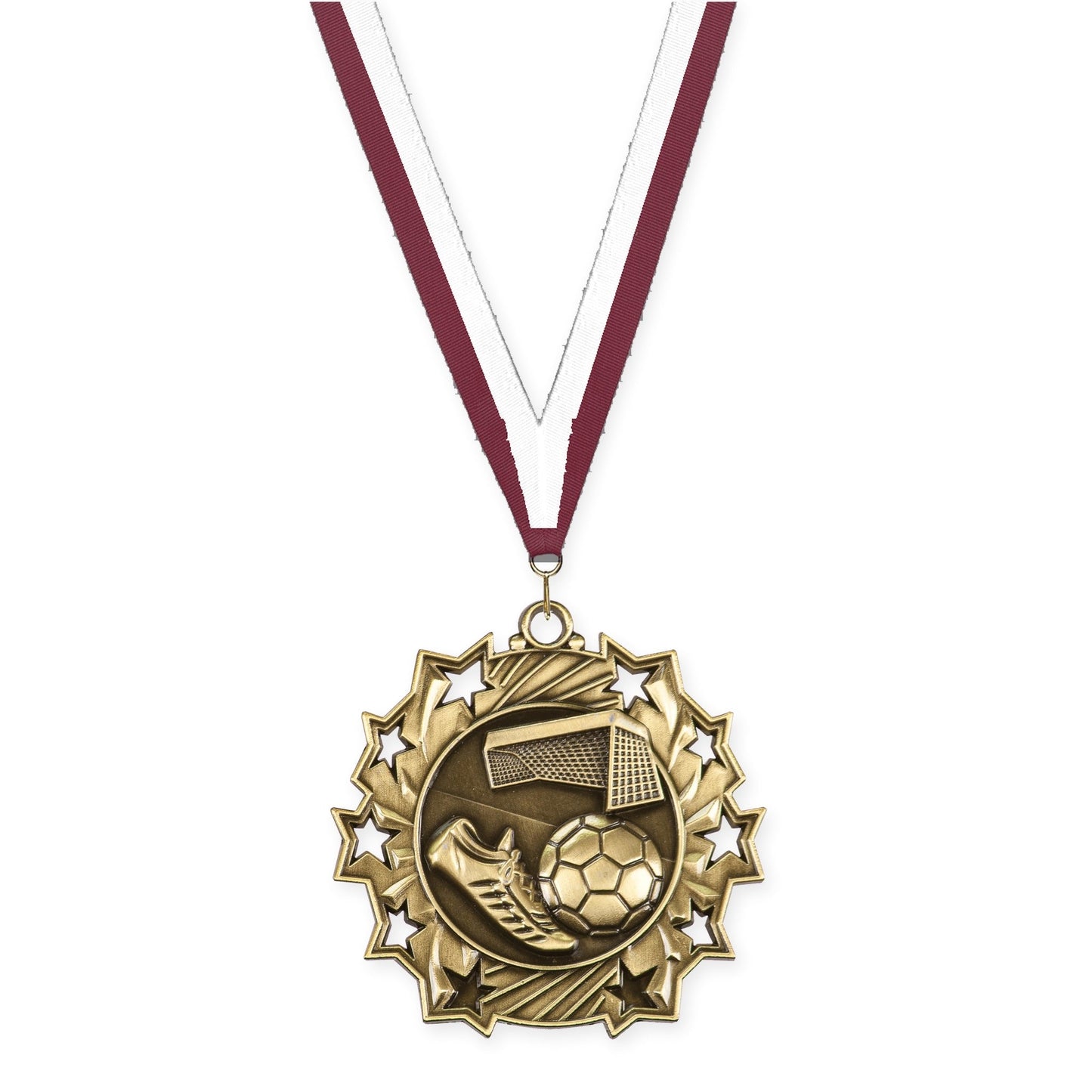 2 1/4 inch soccer Ten Star medal in antique gold with Maroon White neck ribbon