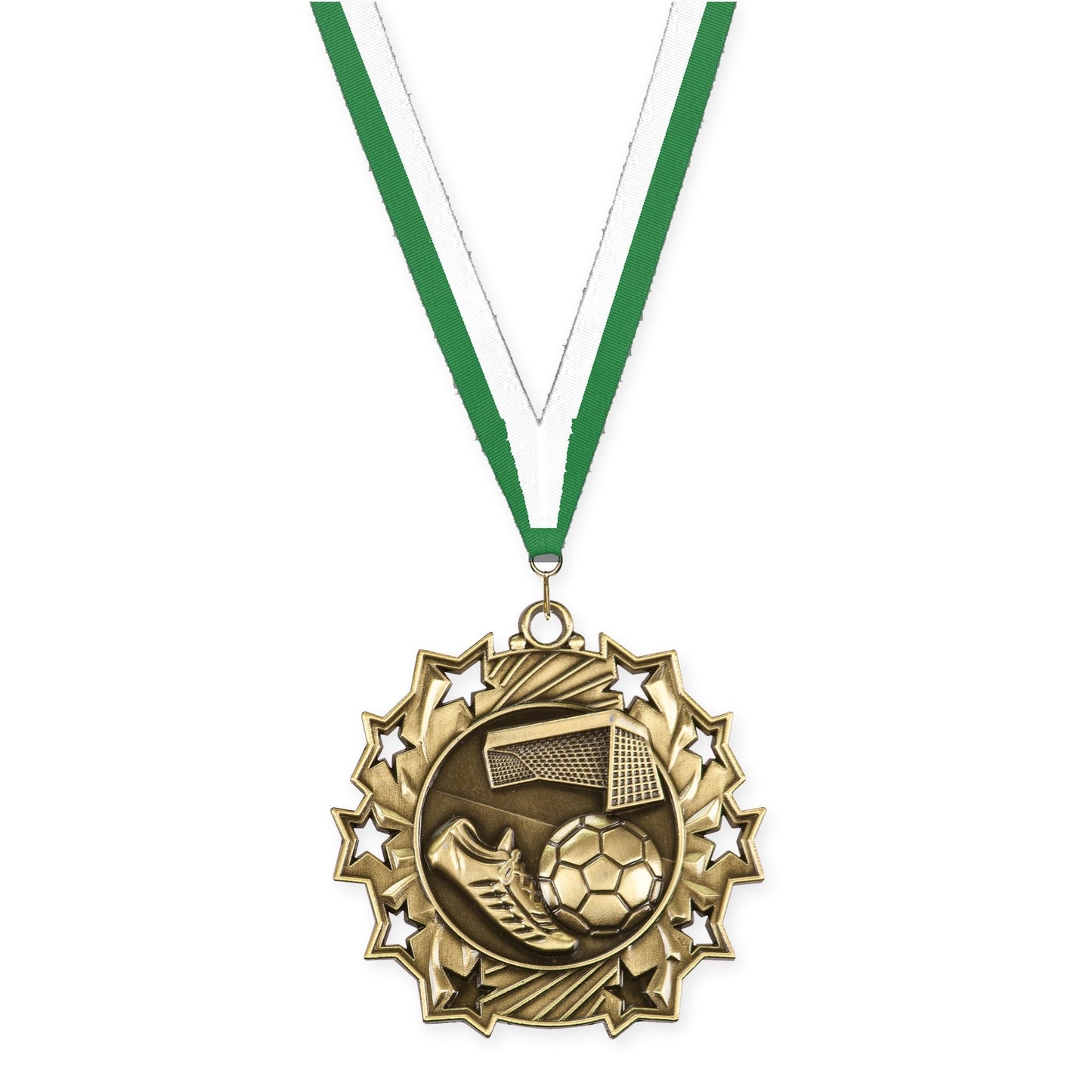 2 1/4 inch soccer Ten Star medal in antique gold with Green White neck ribbon