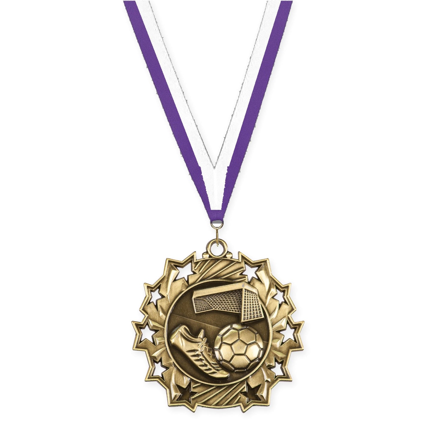 2 1/4 inch soccer Ten Star medal in antique gold with Purple White neck ribbon