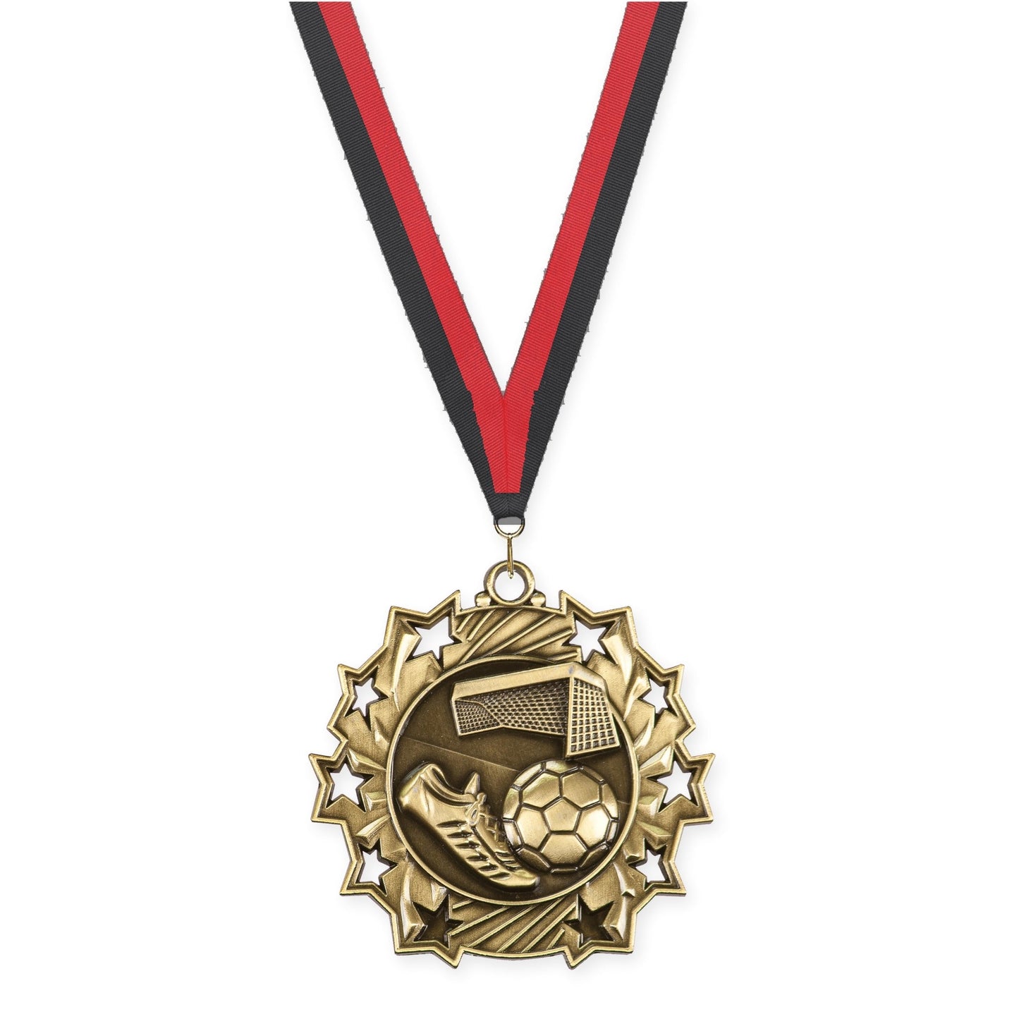 2 1/4 inch soccer Ten Star medal in antique gold with Black Red neck ribbon