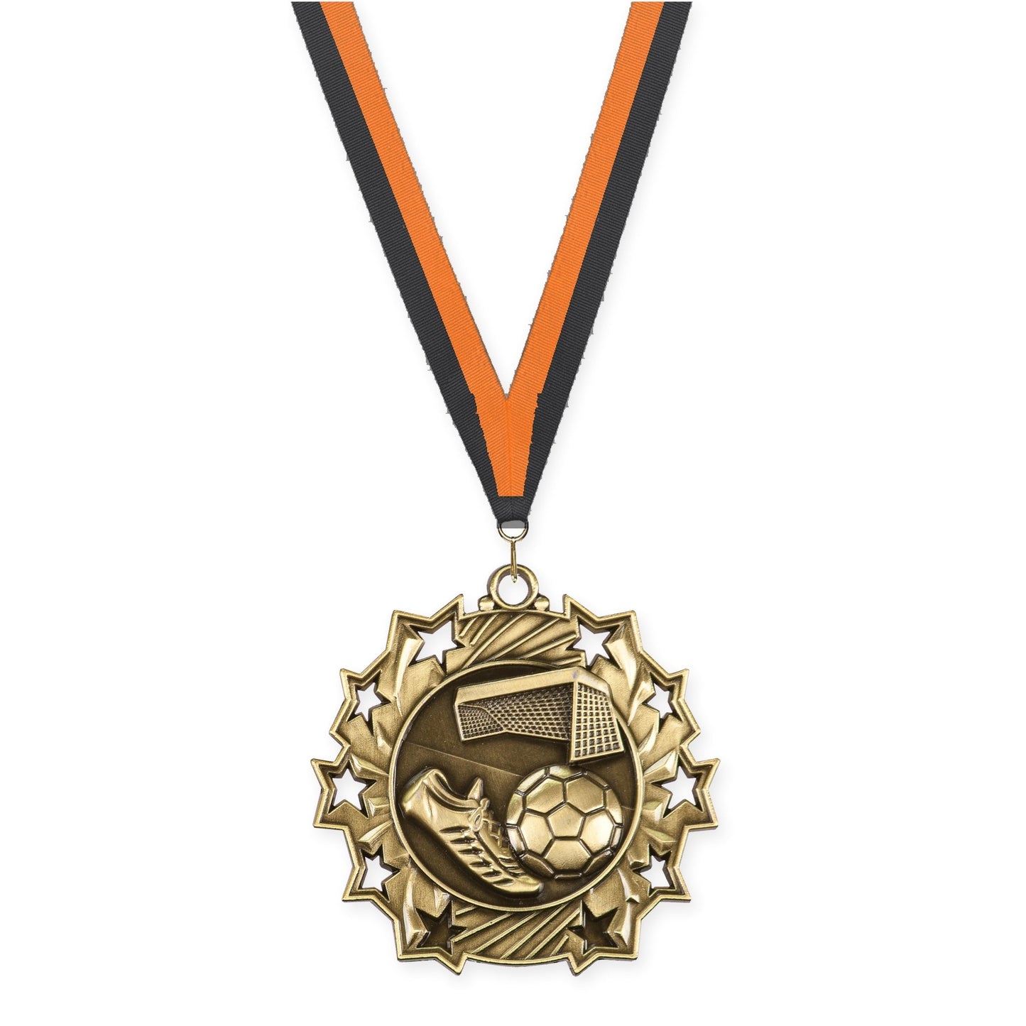 2 1/4 inch soccer Ten Star medal in antique gold with Black Orange neck ribbon