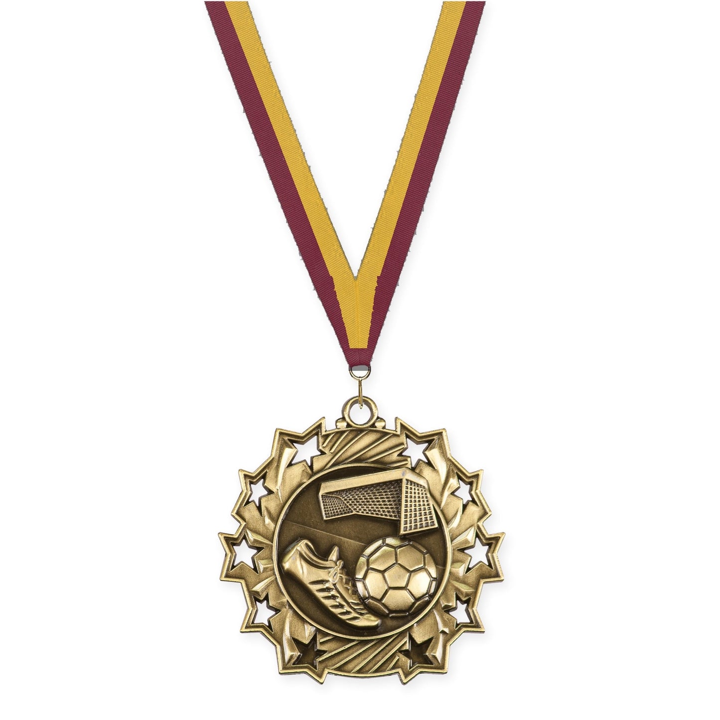 2 1/4 inch soccer Ten Star medal in antique gold with Maroon Gold neck ribbon