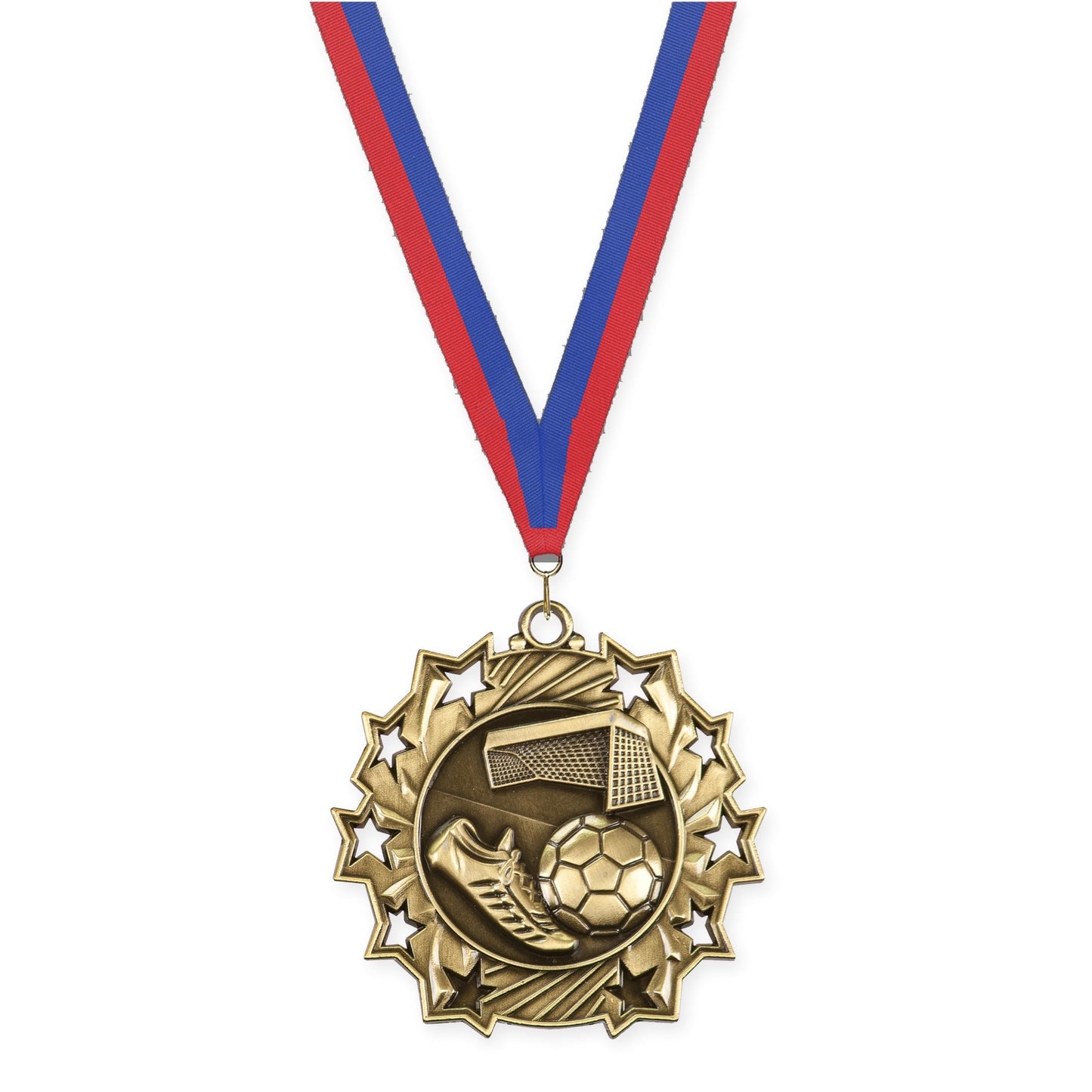 2 1/4 inch soccer Ten Star medal in antique gold with Blue Red neck ribbon