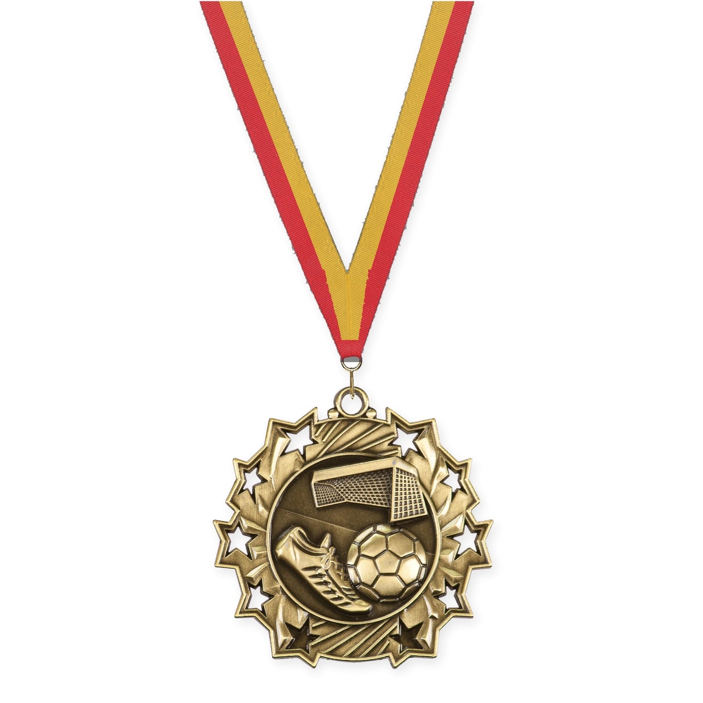 2 1/4 inch soccer Ten Star medal in antique gold with Red Gold neck ribbon