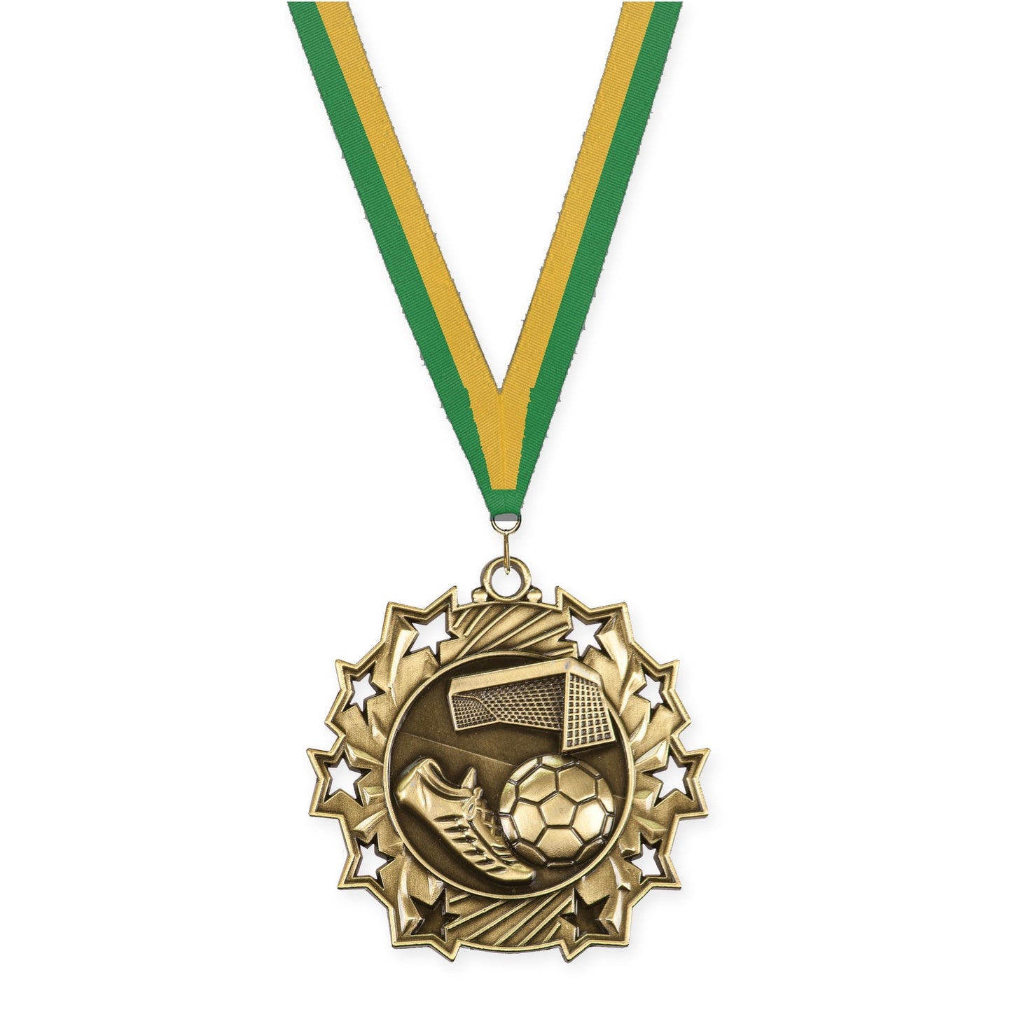 2 1/4 inch soccer Ten Star medal in antique gold with Green Gold neck ribbon