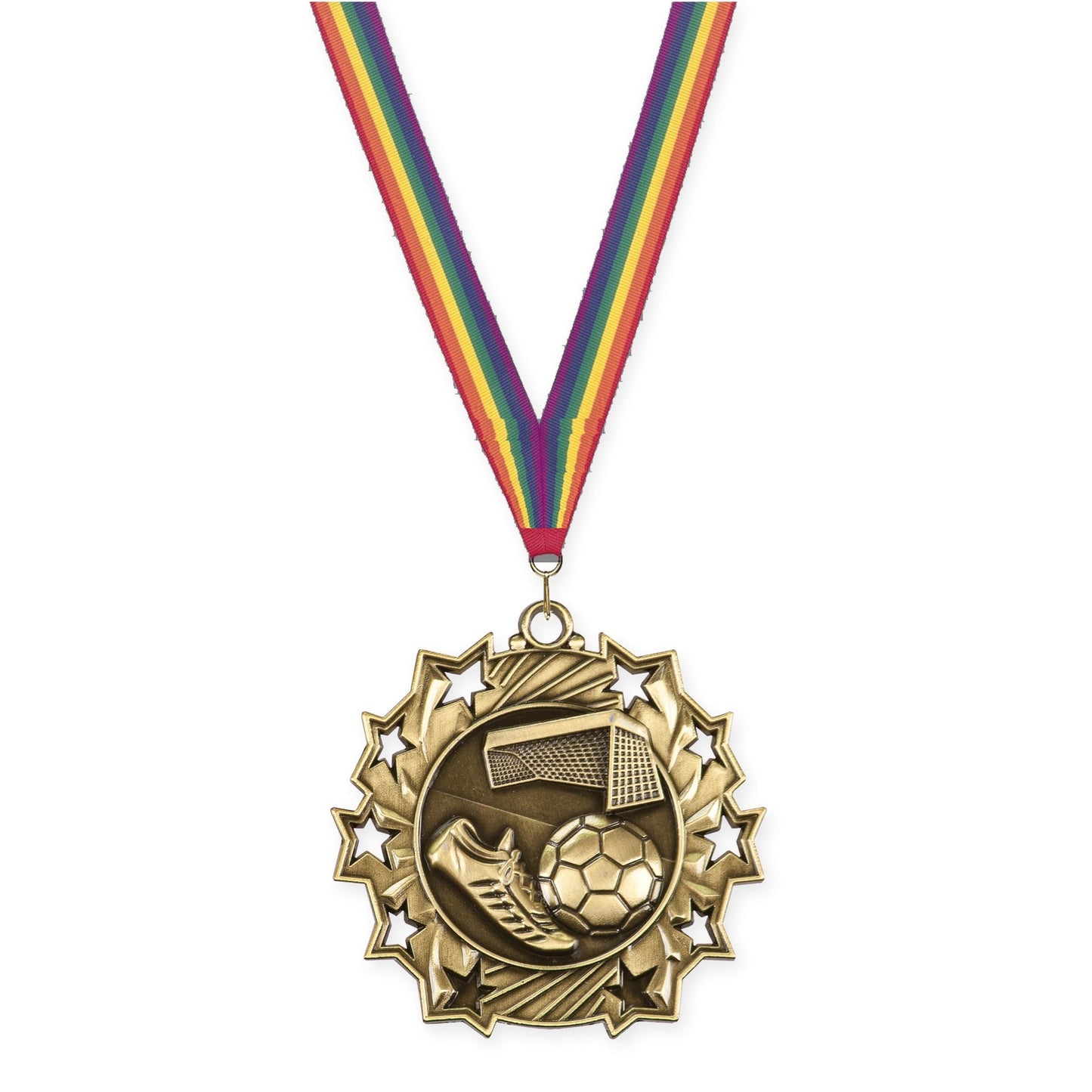 2 1/4 inch soccer Ten Star medal in antique gold with Rainbow neck ribbon