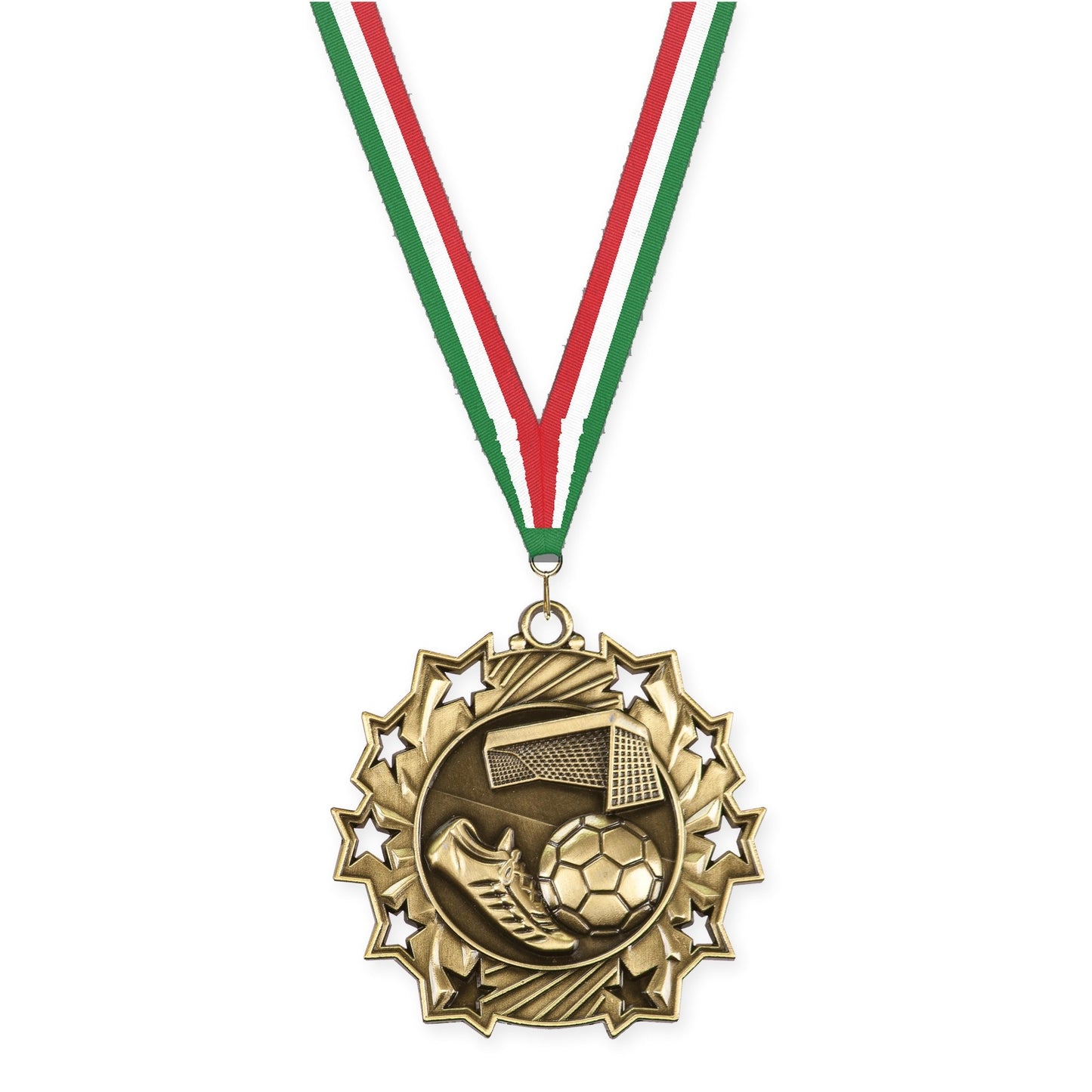 2 1/4 inch soccer Ten Star medal in antique gold with Green White Red neck ribbon