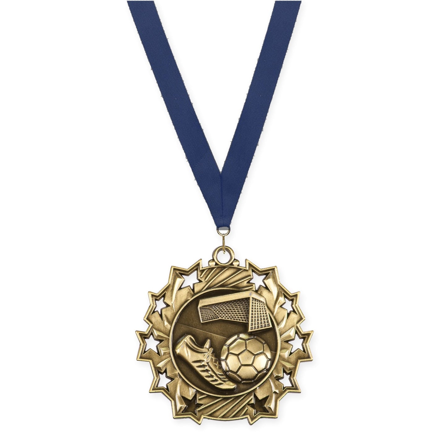 2 1/4 inch soccer Ten Star medal in antique gold with Navy neck ribbon