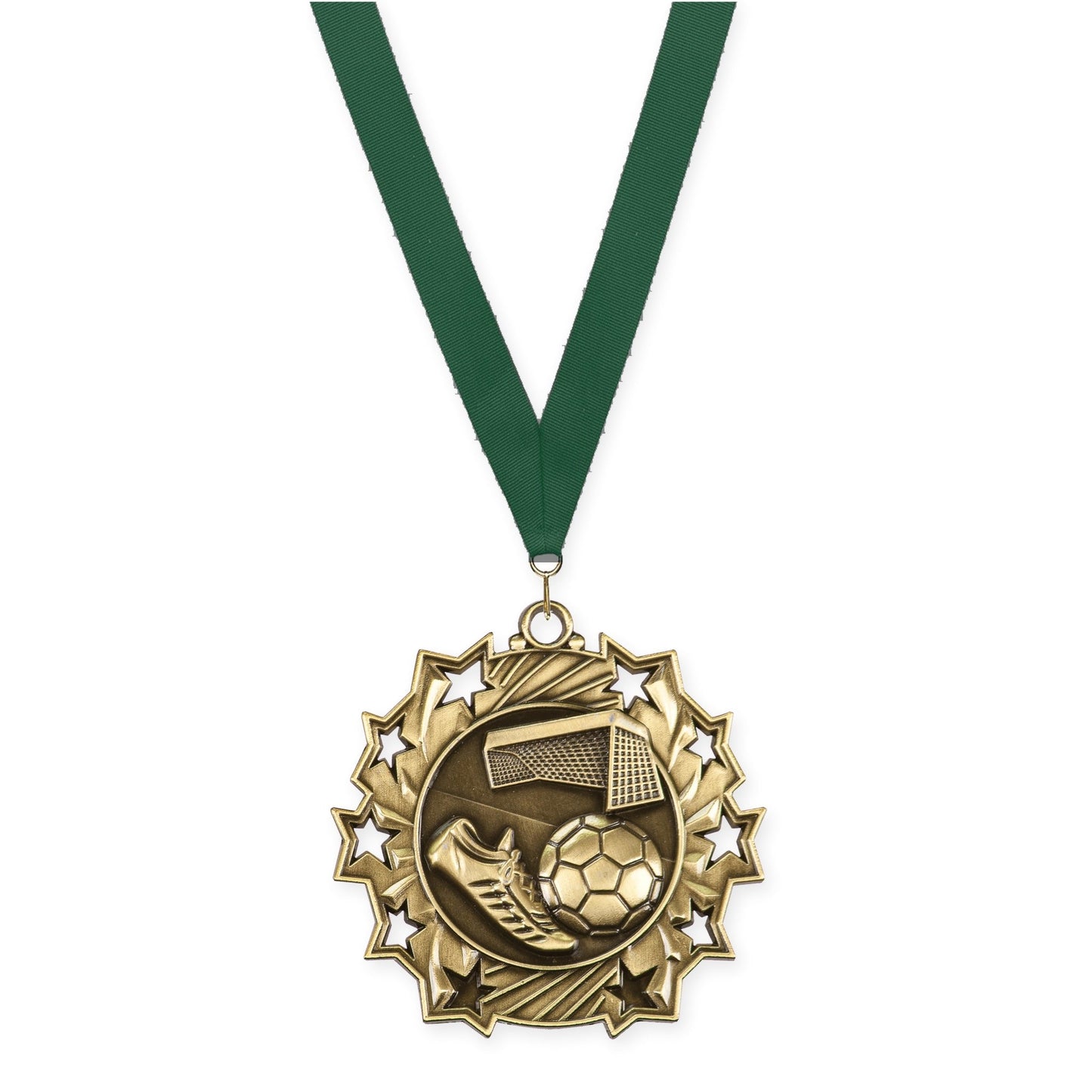 2 1/4 inch soccer Ten Star medal in antique gold with Hunter Green neck ribbon