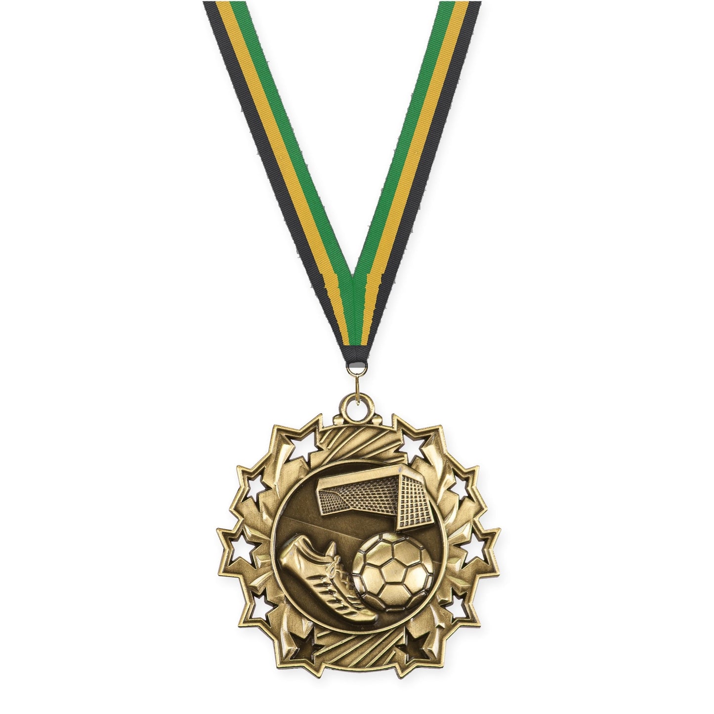 2 1/4 inch soccer Ten Star medal in antique gold with Black Gold Green neck ribbon