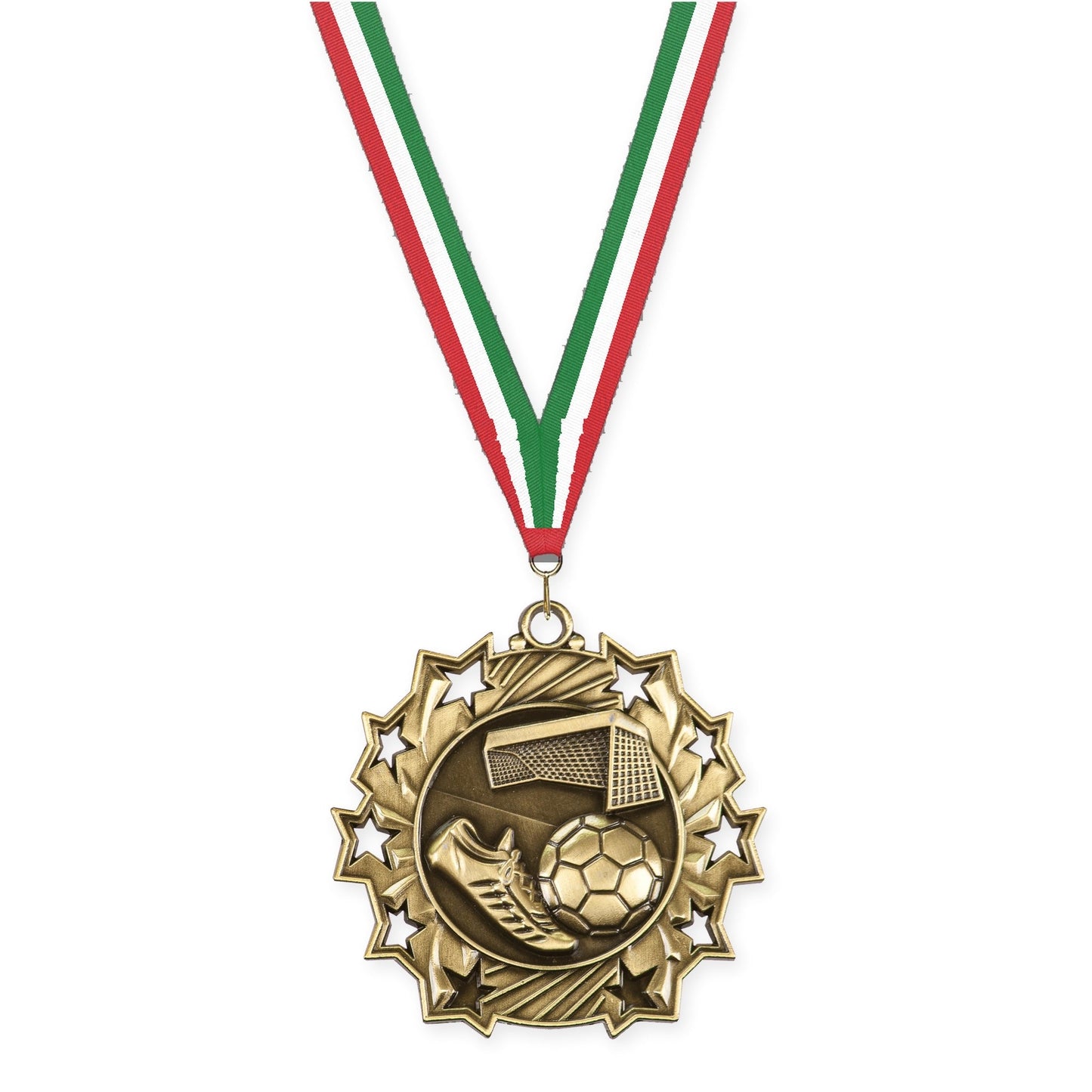 2 1/4 inch soccer Ten Star medal in antique gold with Red White Green neck ribbon