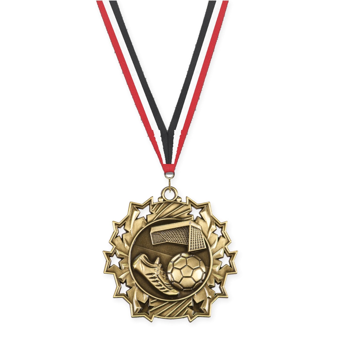 2 1/4 inch soccer Ten Star medal in antique gold with Red White Black neck ribbon