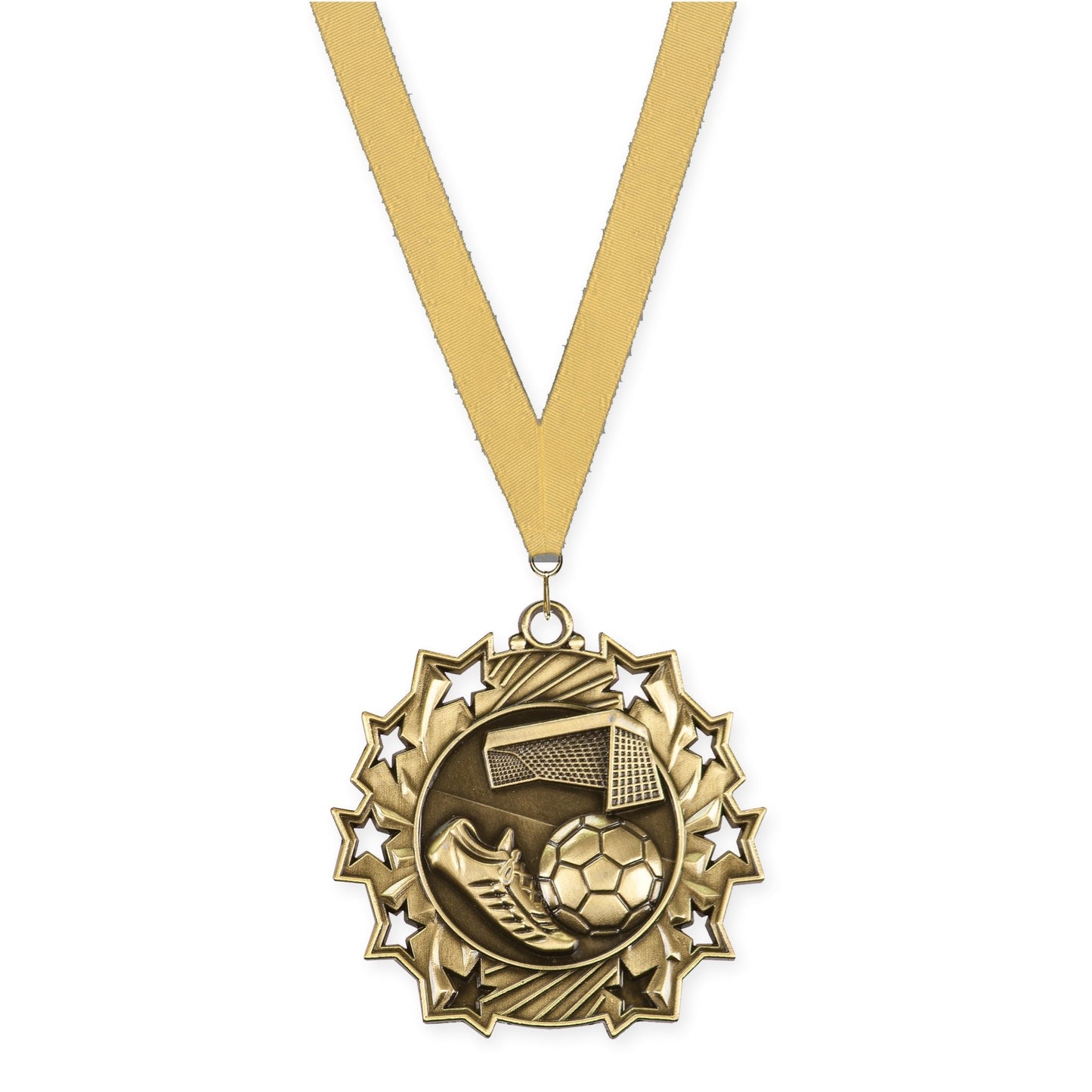 2 1/4 inch soccer Ten Star medal in antique gold with Gold Metallic neck ribbon