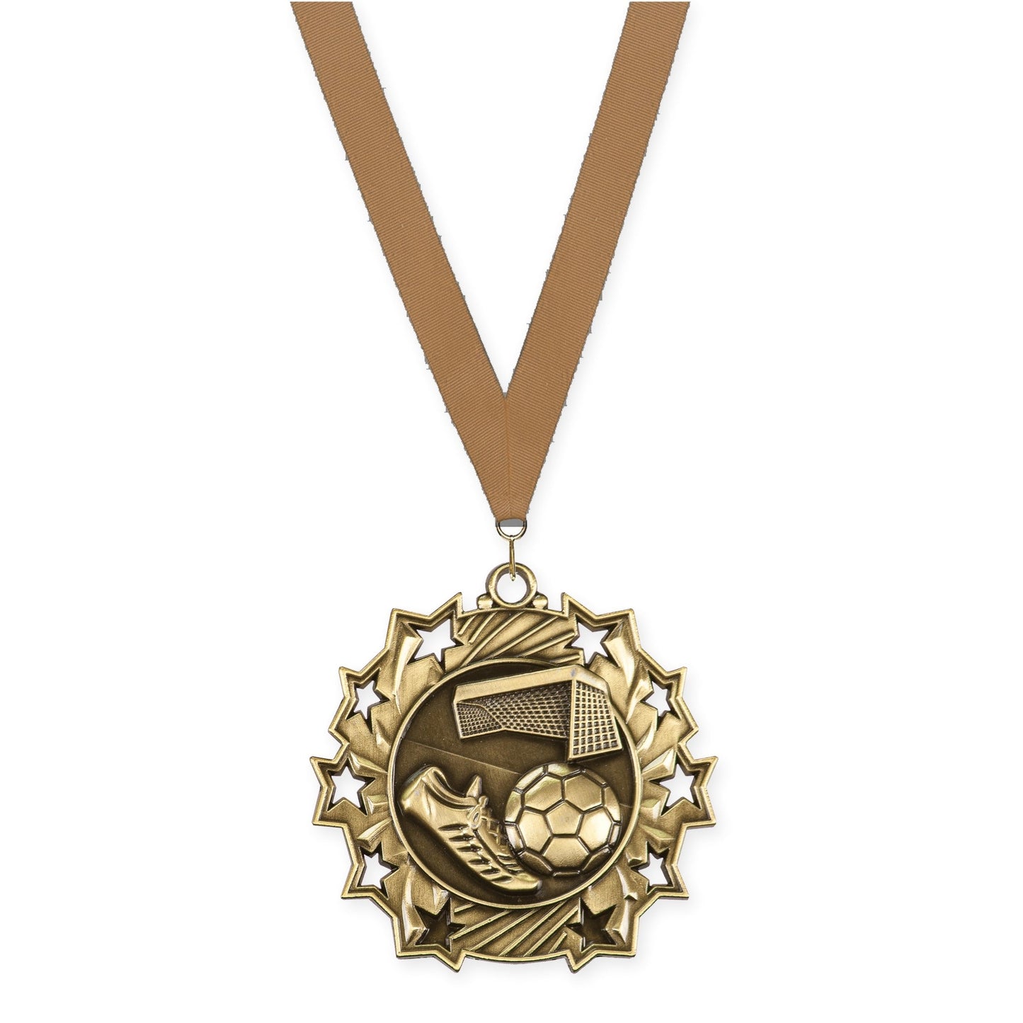 2 1/4 inch soccer Ten Star medal in antique gold with Bronze Metallic neck ribbon