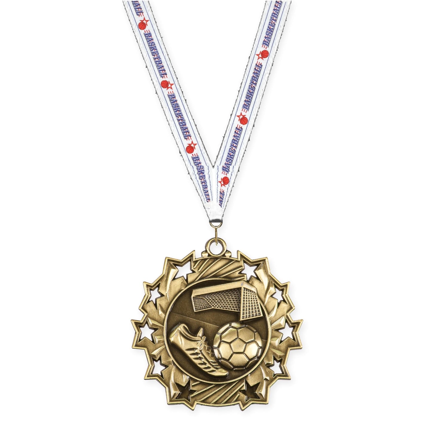 2 1/4 inch soccer Ten Star medal in antique gold with Basketball neck ribbon