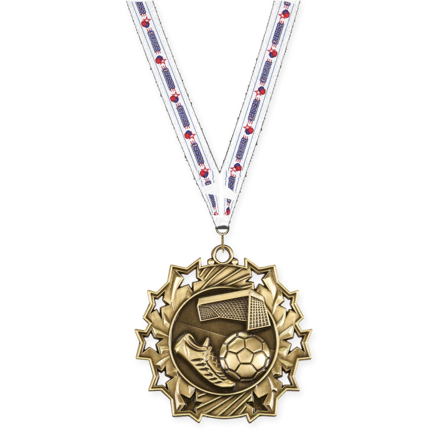 2 1/4 inch soccer Ten Star medal in antique gold with Cheerleading neck ribbon