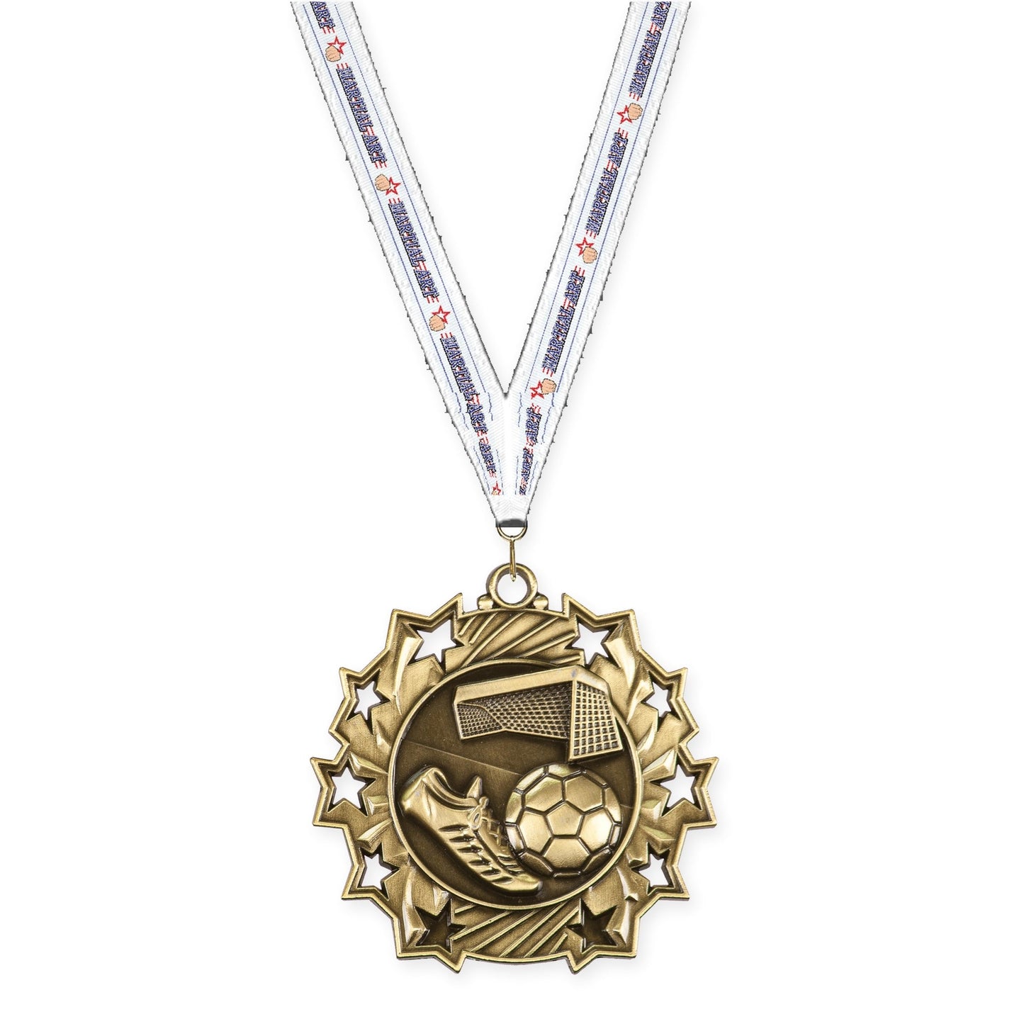 2 1/4 inch soccer Ten Star medal in antique gold with Martial Arts neck ribbon