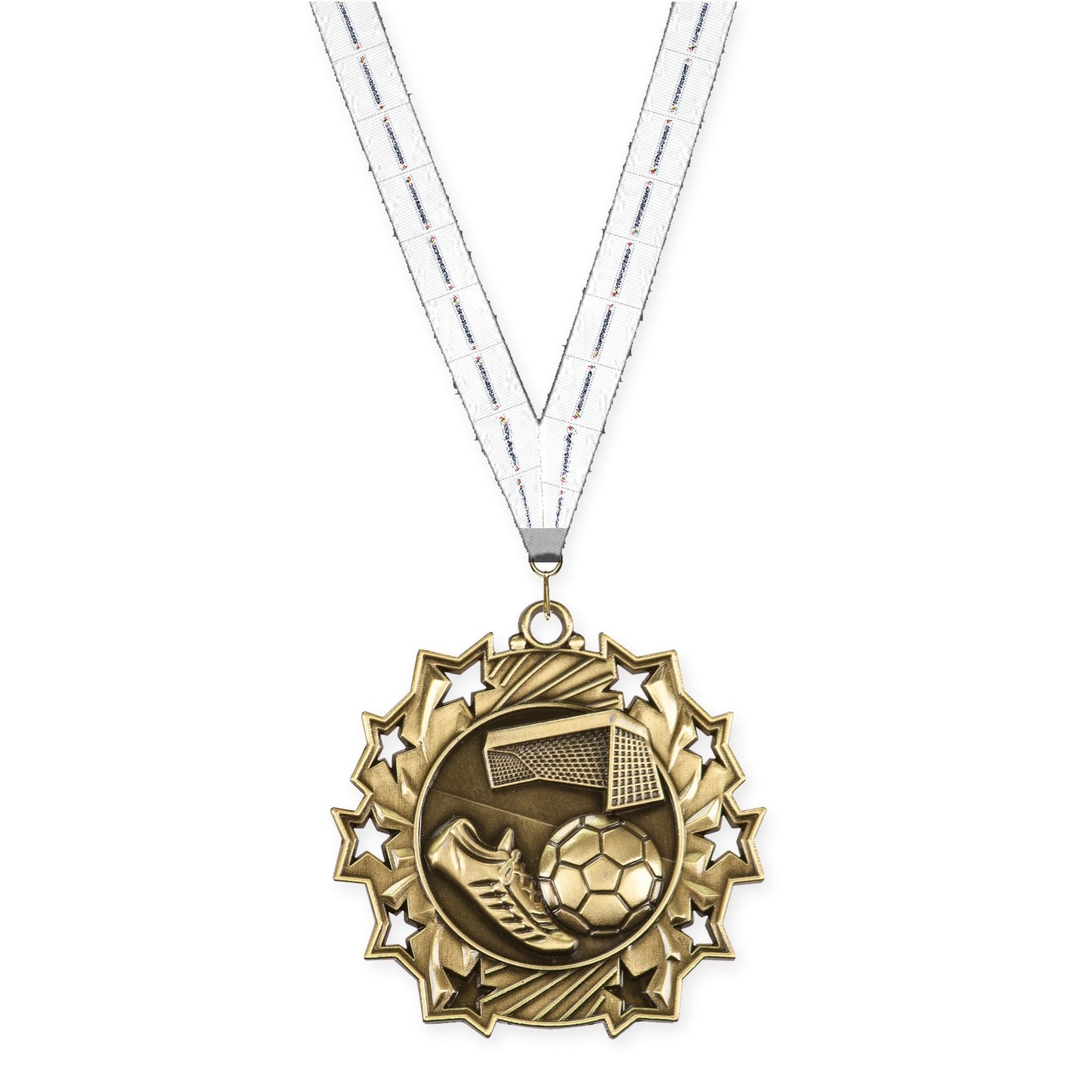 2 1/4 inch soccer Ten Star medal in antique gold with Lamp Of Knowledge neck ribbon