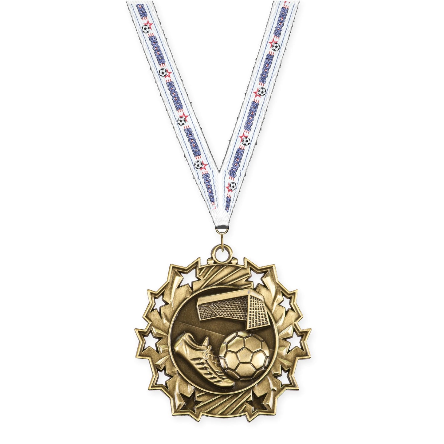 2 1/4 inch soccer Ten Star medal in antique gold with Soccer neck ribbon