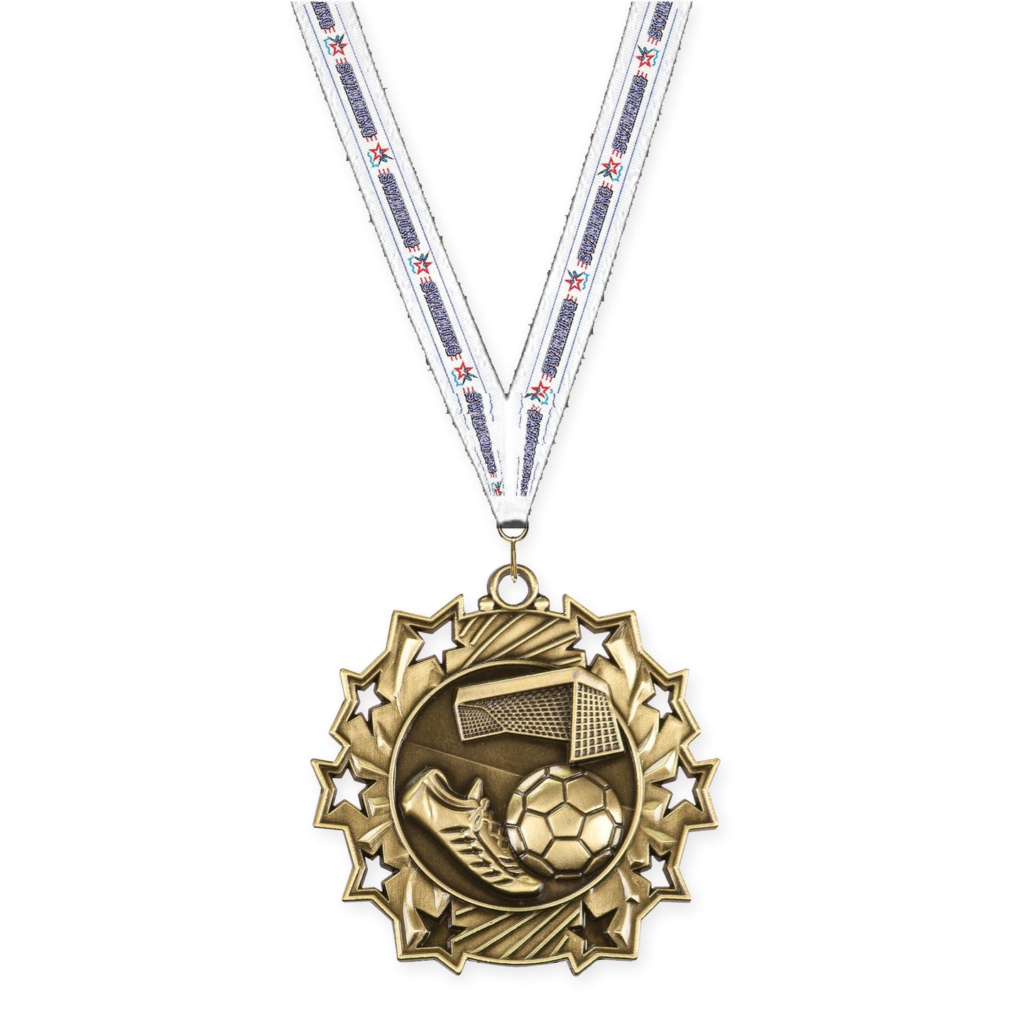 2 1/4 inch soccer Ten Star medal in antique gold with Swimming neck ribbon