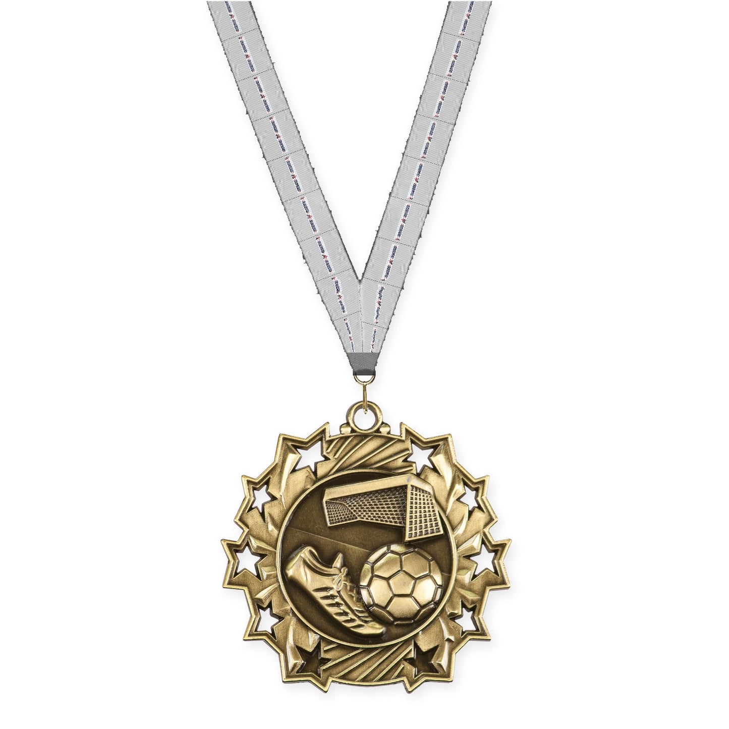 2 1/4 inch soccer Ten Star medal in antique gold with Auto Racing neck ribbon
