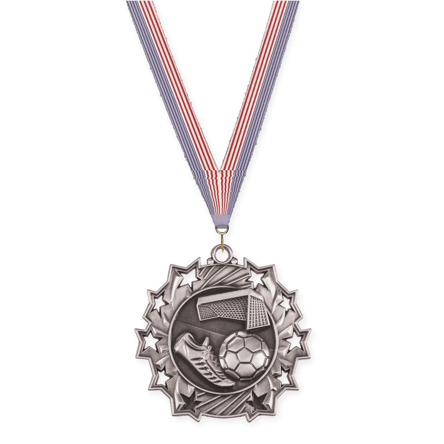 2 1/4 inch soccer Ten Star medal in antique silver with USA Flag neck ribbon