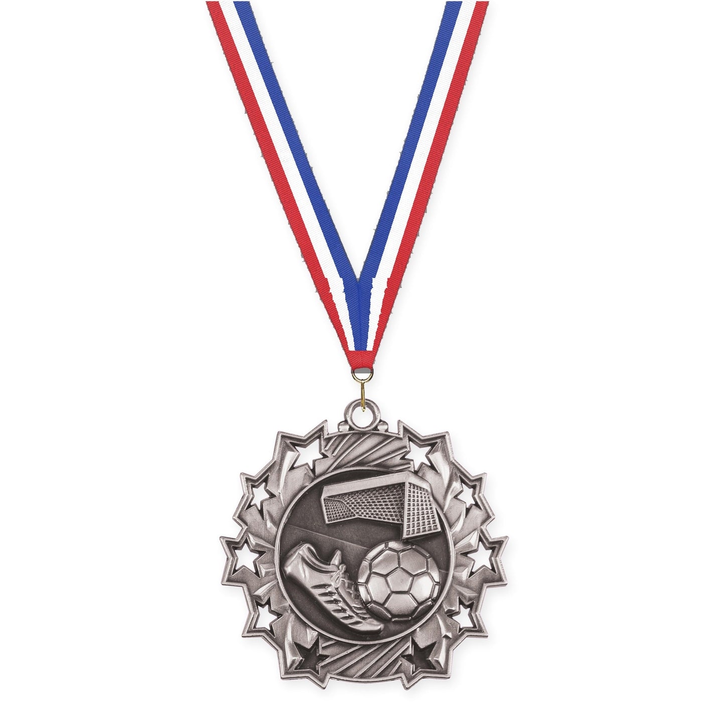 2 1/4 inch soccer Ten Star medal in antique silver with Red White Blue neck ribbon