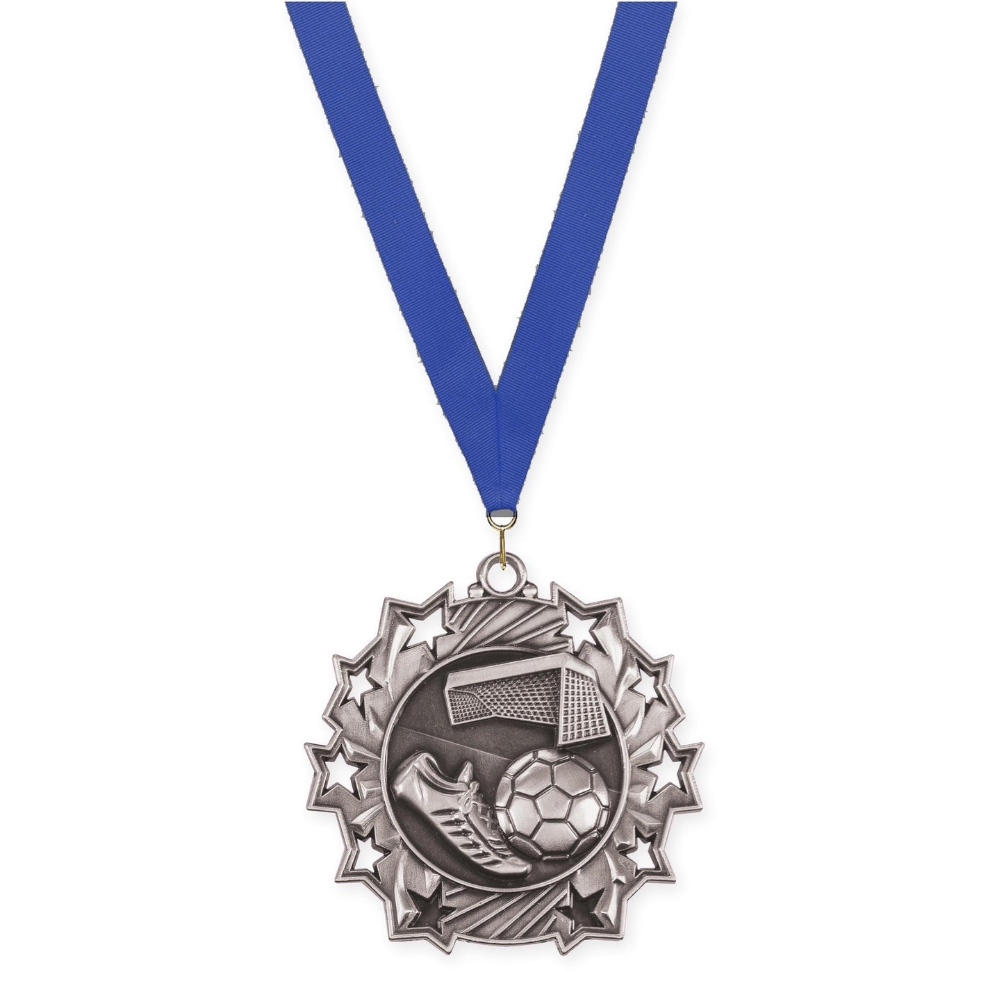 2 1/4 inch soccer Ten Star medal in antique silver with Blue neck ribbon