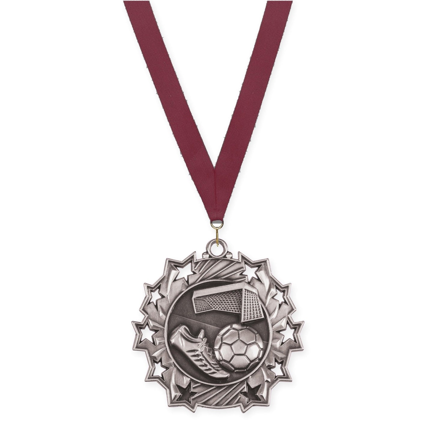 2 1/4 inch soccer Ten Star medal in antique silver with Maroon neck ribbon