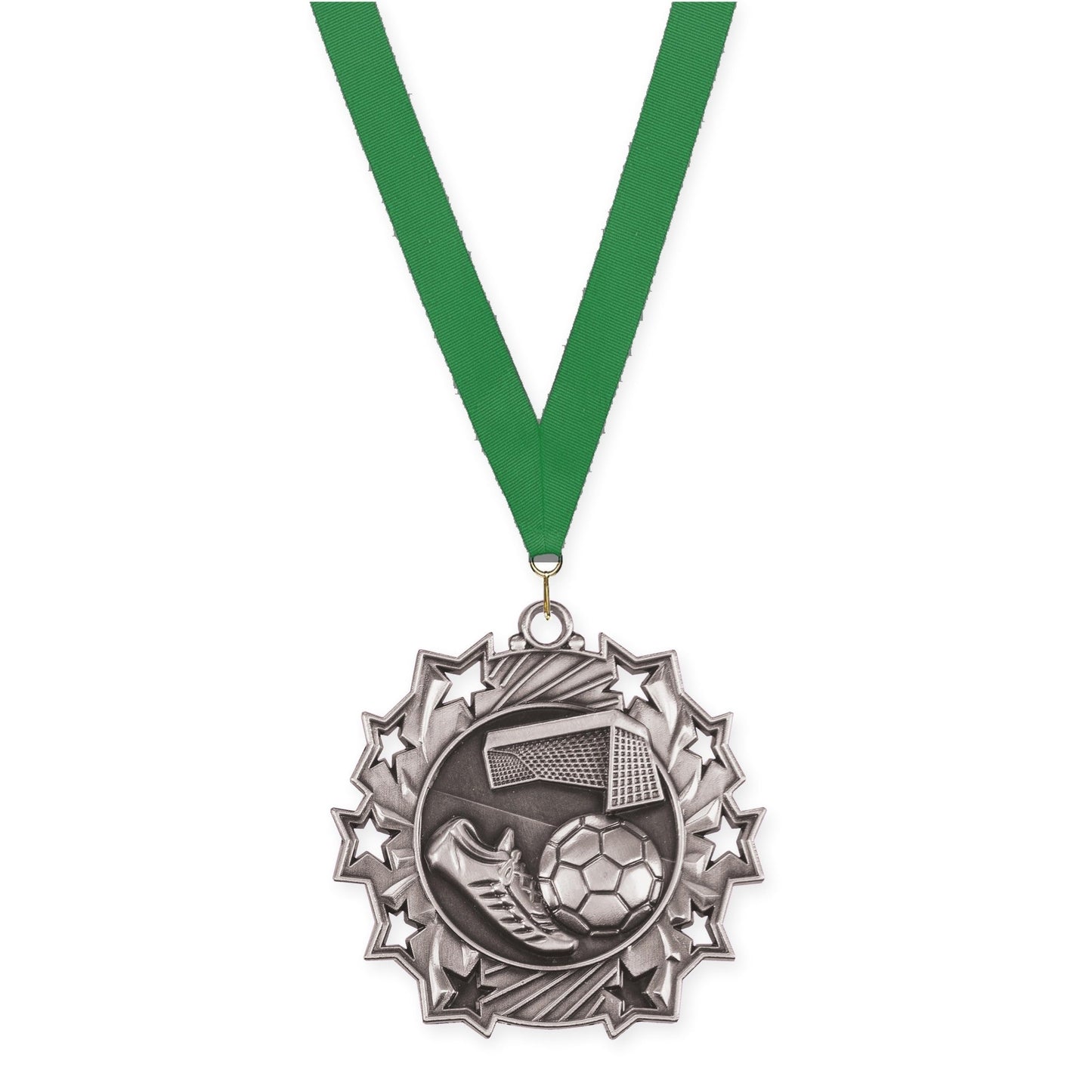 2 1/4 inch soccer Ten Star medal in antique silver with Green neck ribbon