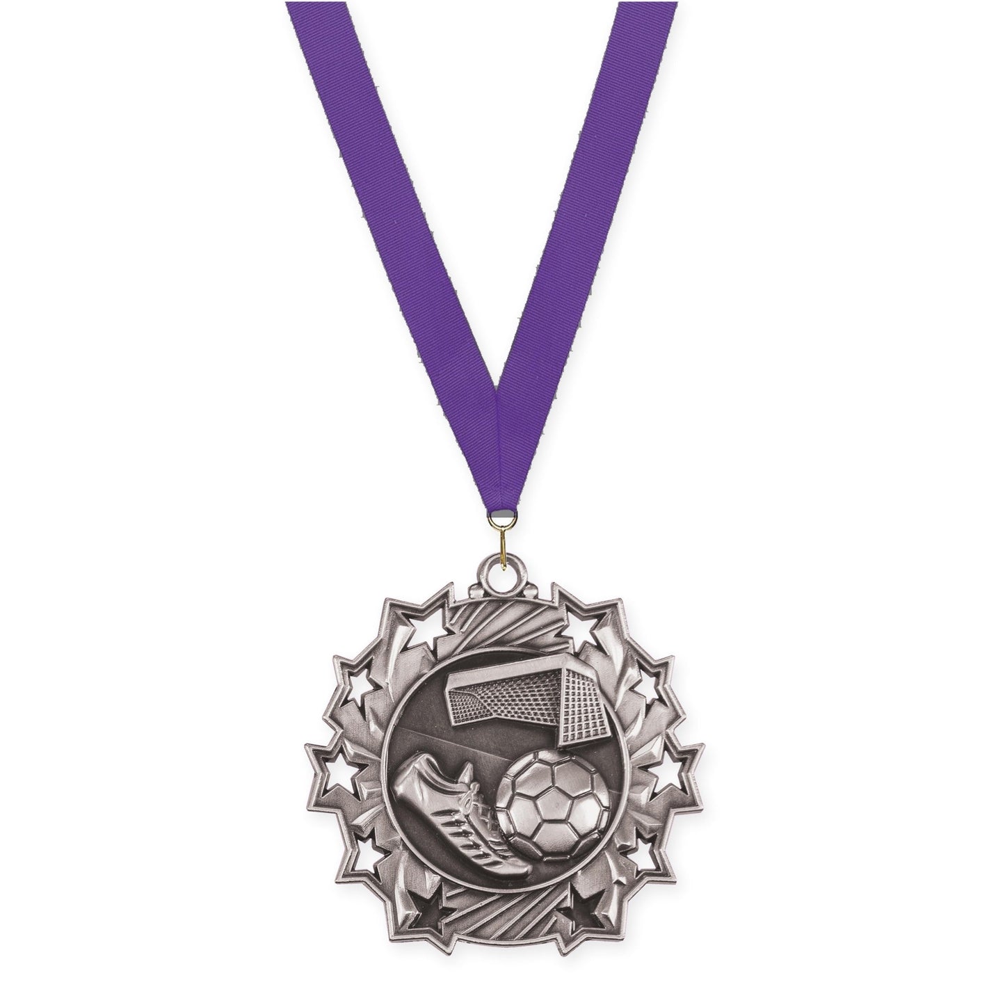 2 1/4 inch soccer Ten Star medal in antique silver with Purple neck ribbon