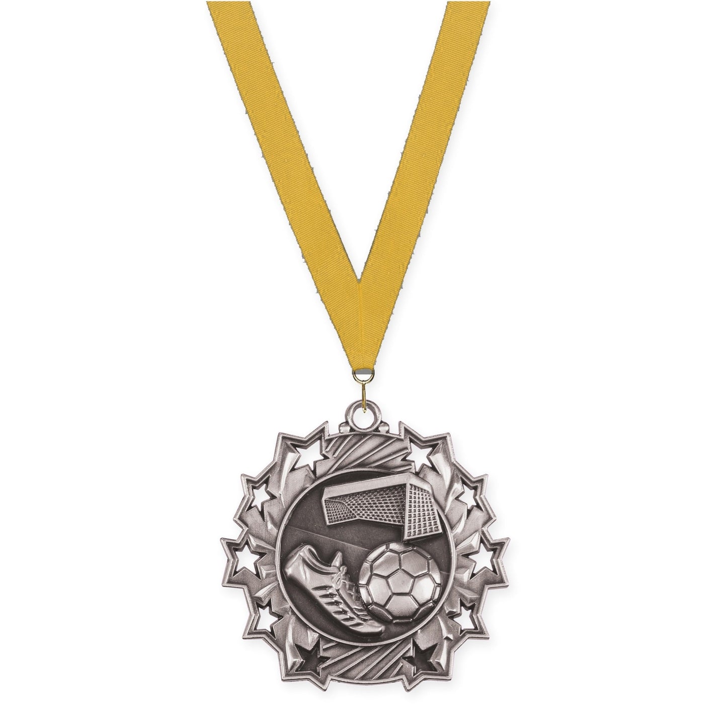 2 1/4 inch soccer Ten Star medal in antique silver with Gold neck ribbon